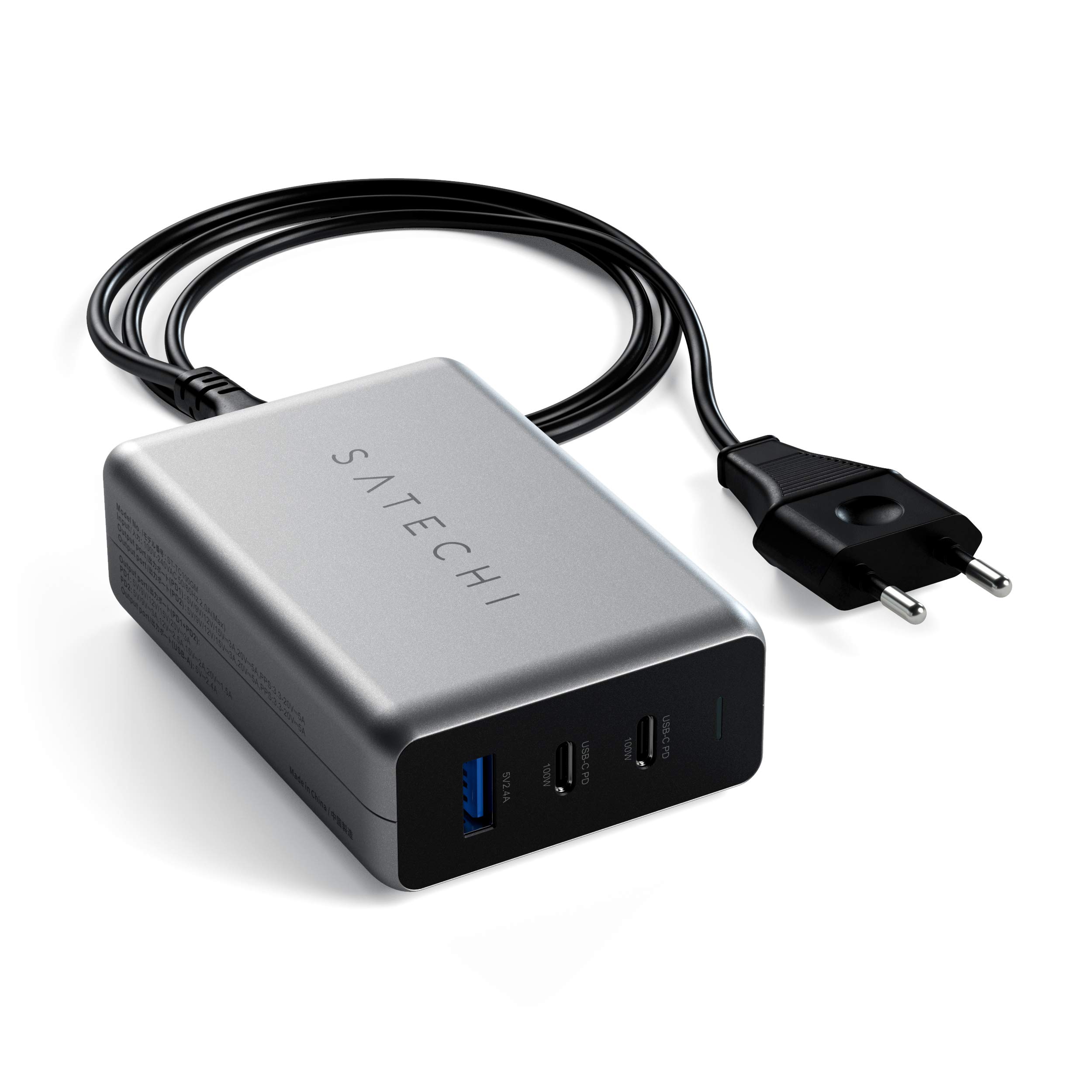 SATECHI Cargador USB C GAN 100W, 3 Puertos, Compacto | 2x Puertos USB-C y 1x USB-A, para MacBook Air/Pro/Neo, iPad, iPhone, AirPods, Apple Watch, Android y Windows