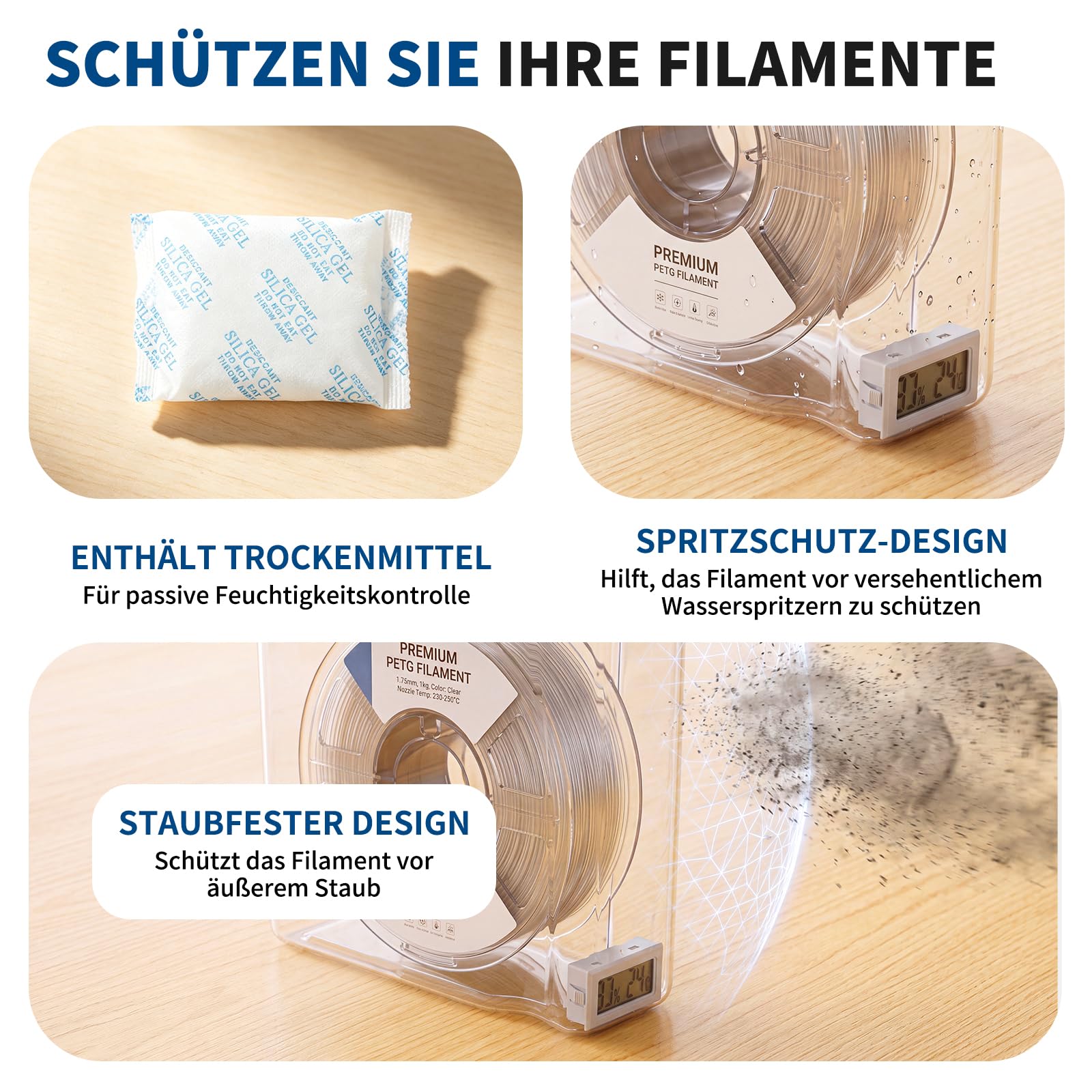 4 Stück Filament Aufbewahrungsbox, Filament Container für 3D Druck Filament Versiegelung und Schutz, Tragbare Aufbewahrung mit 4 Hygrometer, Rohrabschneider, Trockenmittel & Etiketten 4,0L