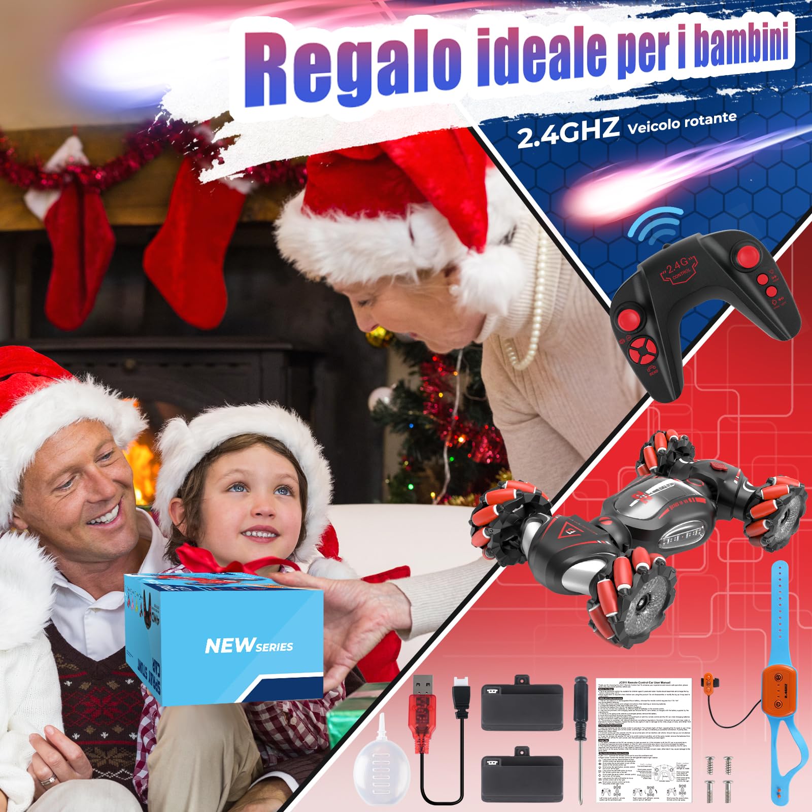 Fosgoit Macchina Telecomandata per Bambini, Macchine Telecomandate 4WD 2.4 GHz Auto Telecomandata con Mano e Luce e Spray, Regalo Giochi Giocattolo per Bambine Bambino 6 7 8 9 10 11 12 Anni Maschio