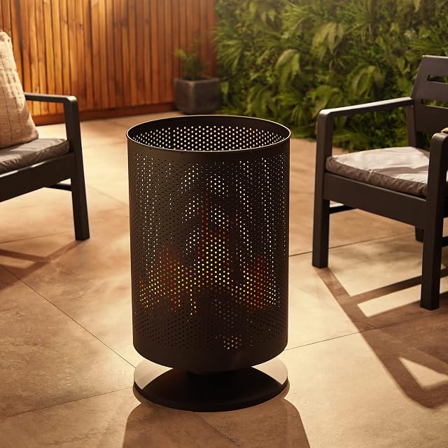 VonHaus Brazier Fire Pit Mesh Fire Basket with Poker Steel Material Outdoor, Garden, Patio Firepit Heater/Burner for Wood & Charocal Cylinder Shape Black