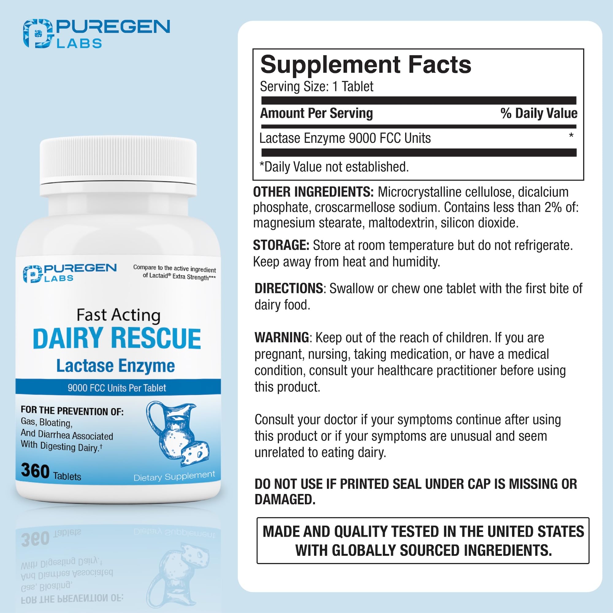 Puregen Labs Dairy Relief Fast Acting Lactase Enzyme 9000 FCC - 360 Tablets — Amazon image 2