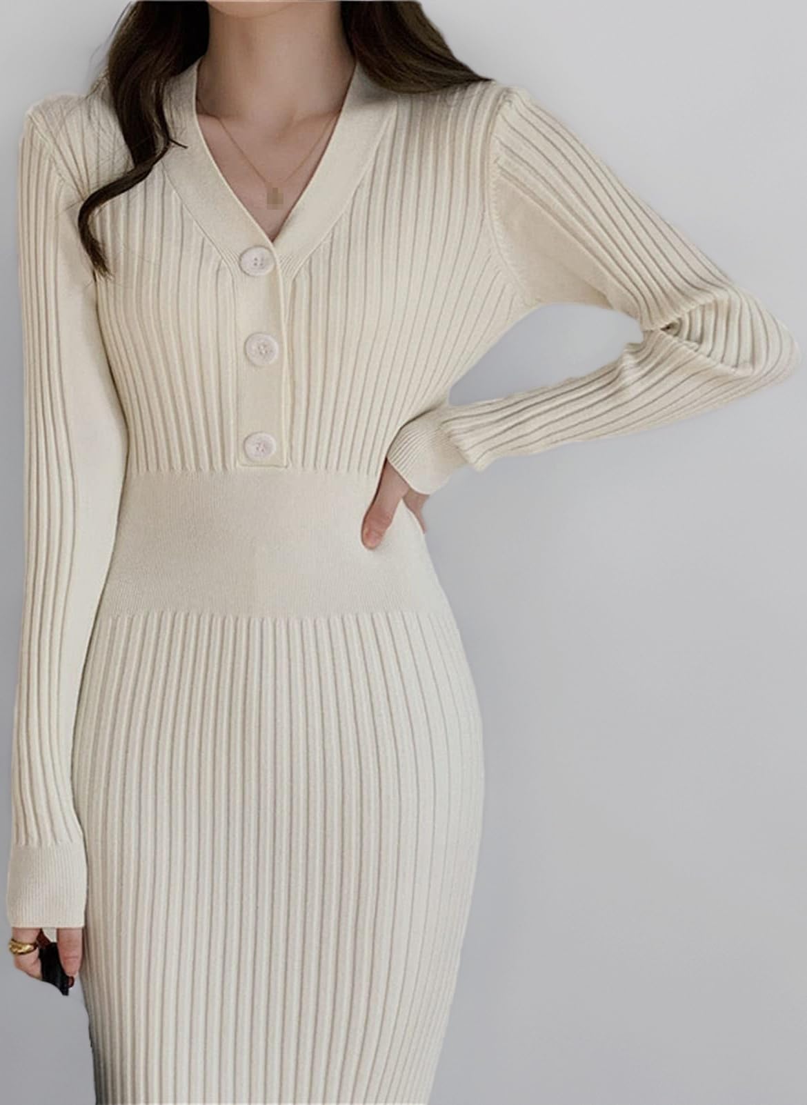 Knitted Long Sleeve Dress Women Slim Bodycon Button V Neck Midi Ribbed Sweater Dress