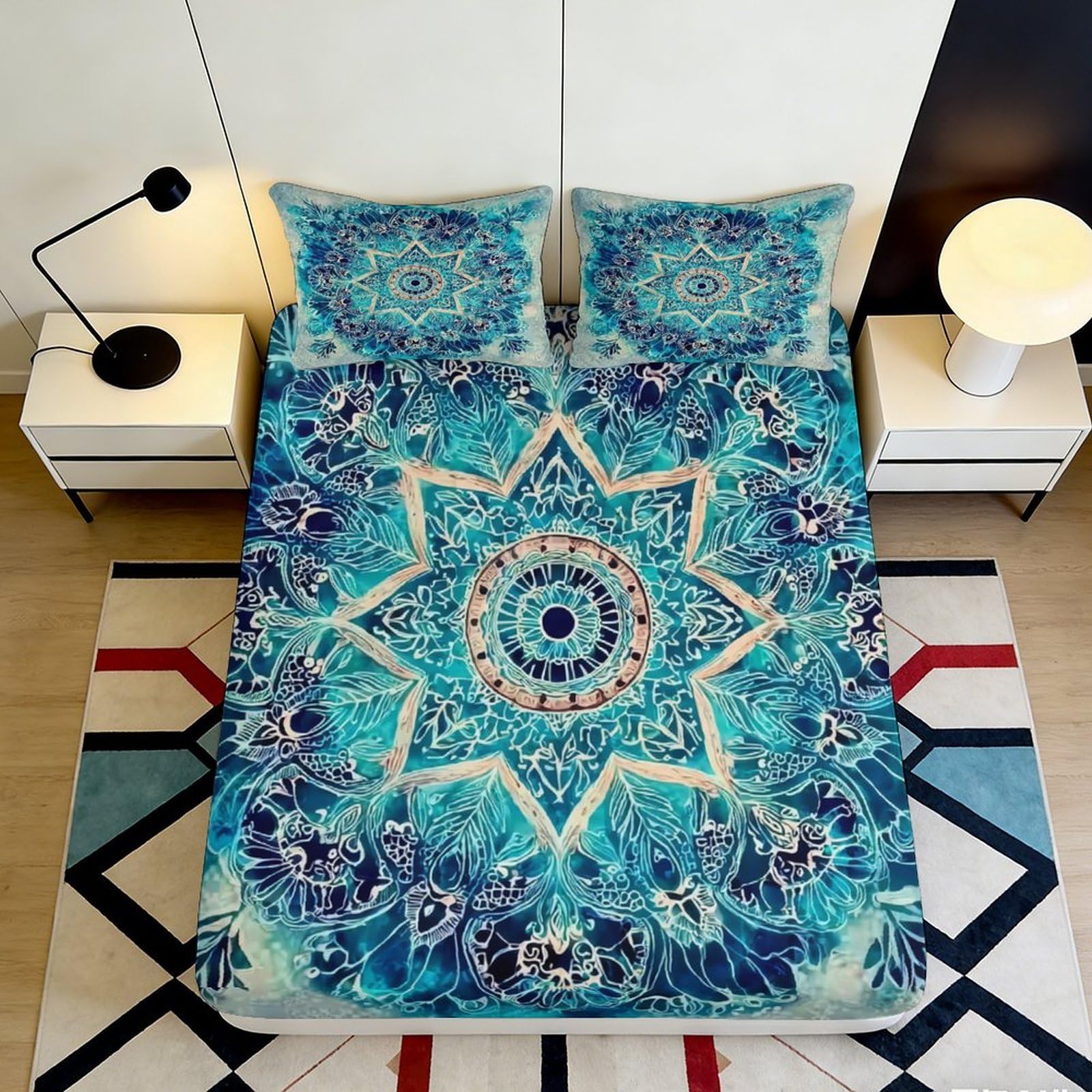 3D Printed Blue Mandala Fitted Sheet Microfiber Soft Modern Boho Floral Pattern Mattress Cover for Bedroom Guest Room Dorm Decor 90x200x25cm