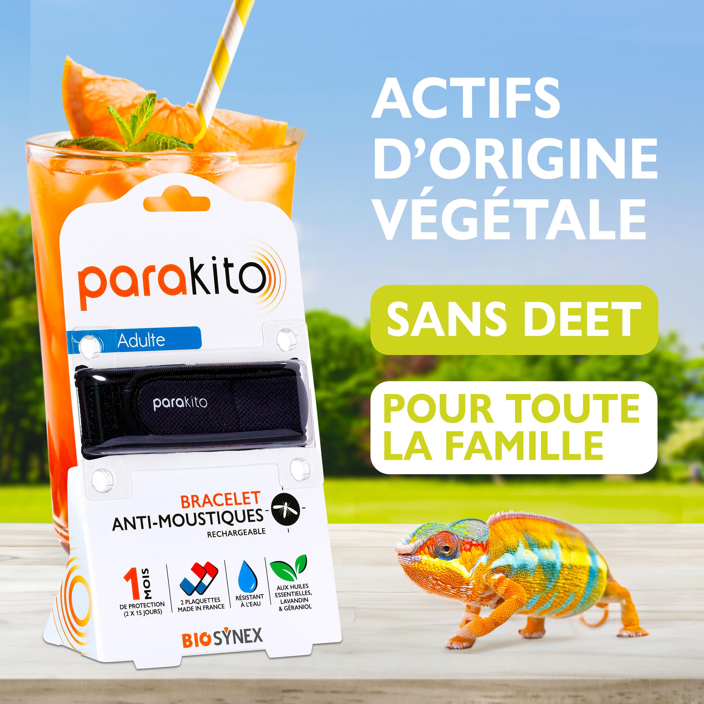 PARAKITO Bracelet Anti-Moustiques Réutilisable 2 Plaquettes Huiles Essentielles 1 Mois Protection Sans DEET Taille Adulte Noir