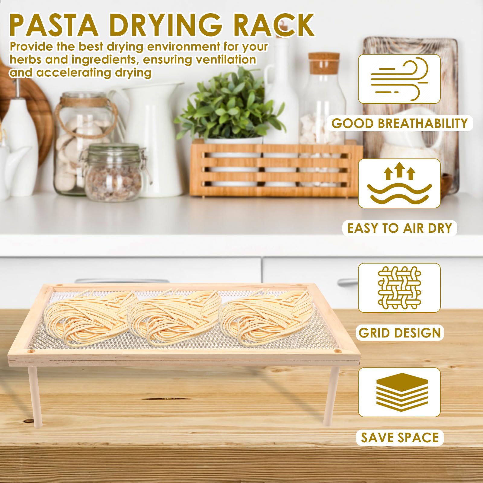 Estante de secado de pasta apilable, red de secado plana de malla de madera, secador de hierbas transpirable apilable, práctico, ahorra espacio, multifuncional secadora de pasta para la cocina (una