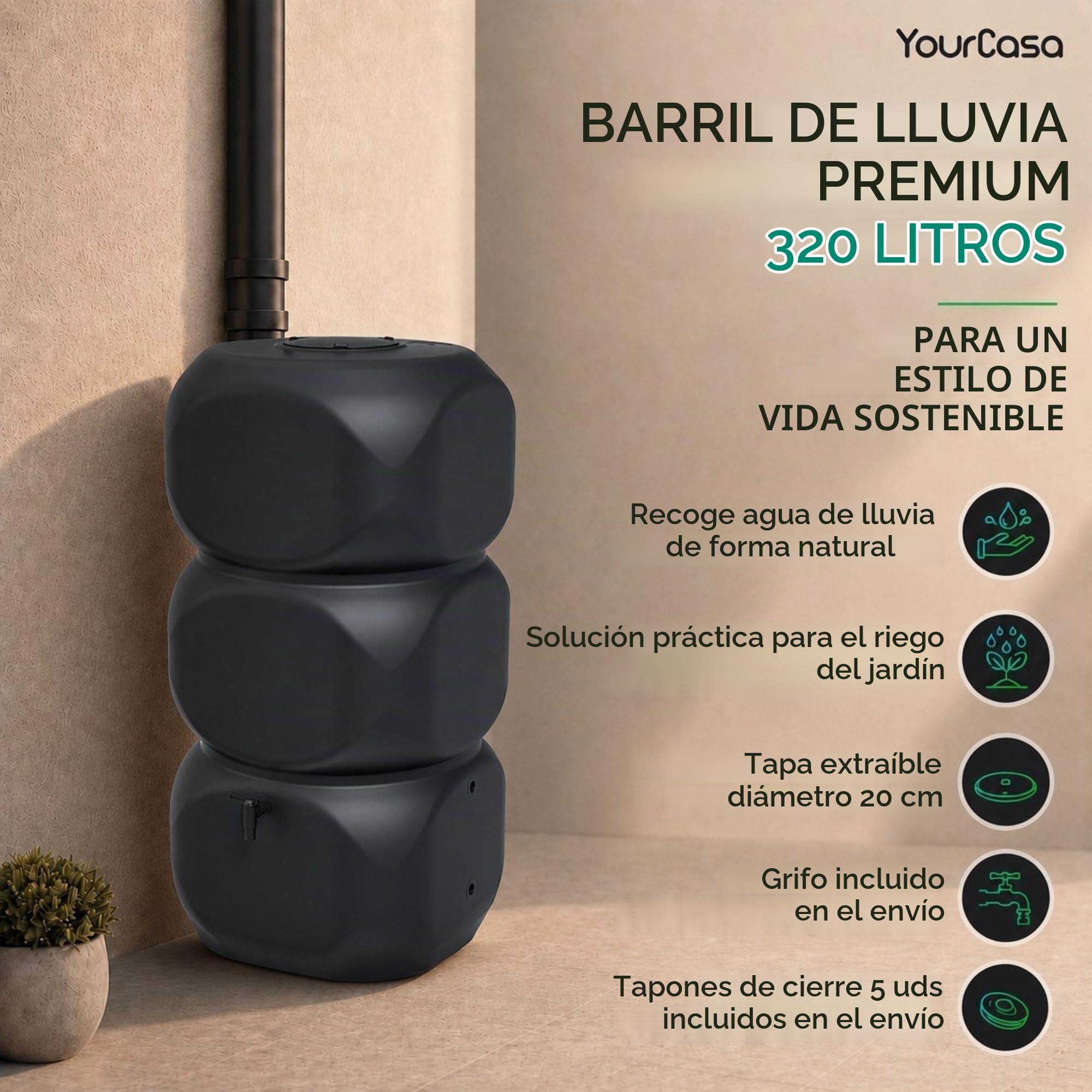 YourCasa Tanque de lluvia de 320 litros [Aquablock] incluye conector para bajante, grifo y tapa, barril de agua de forma cuadrada, a prueba de heladas, depósito de agua de lluvia, para jardín (gris)