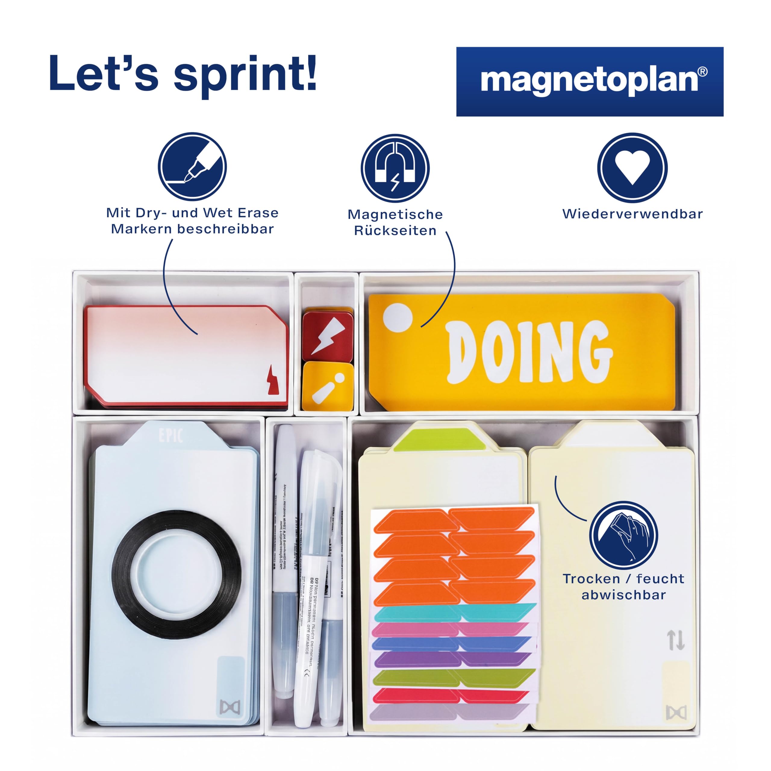 magnetoplan Sprintbox | Das Toolset für agiles Arbeiten | Inkl. 255 Einzelteilen | Enthält alles, was Ihr Projektteam für den Einstieg in Scrum oder Kanban benötigt | Sofort einsetzbar