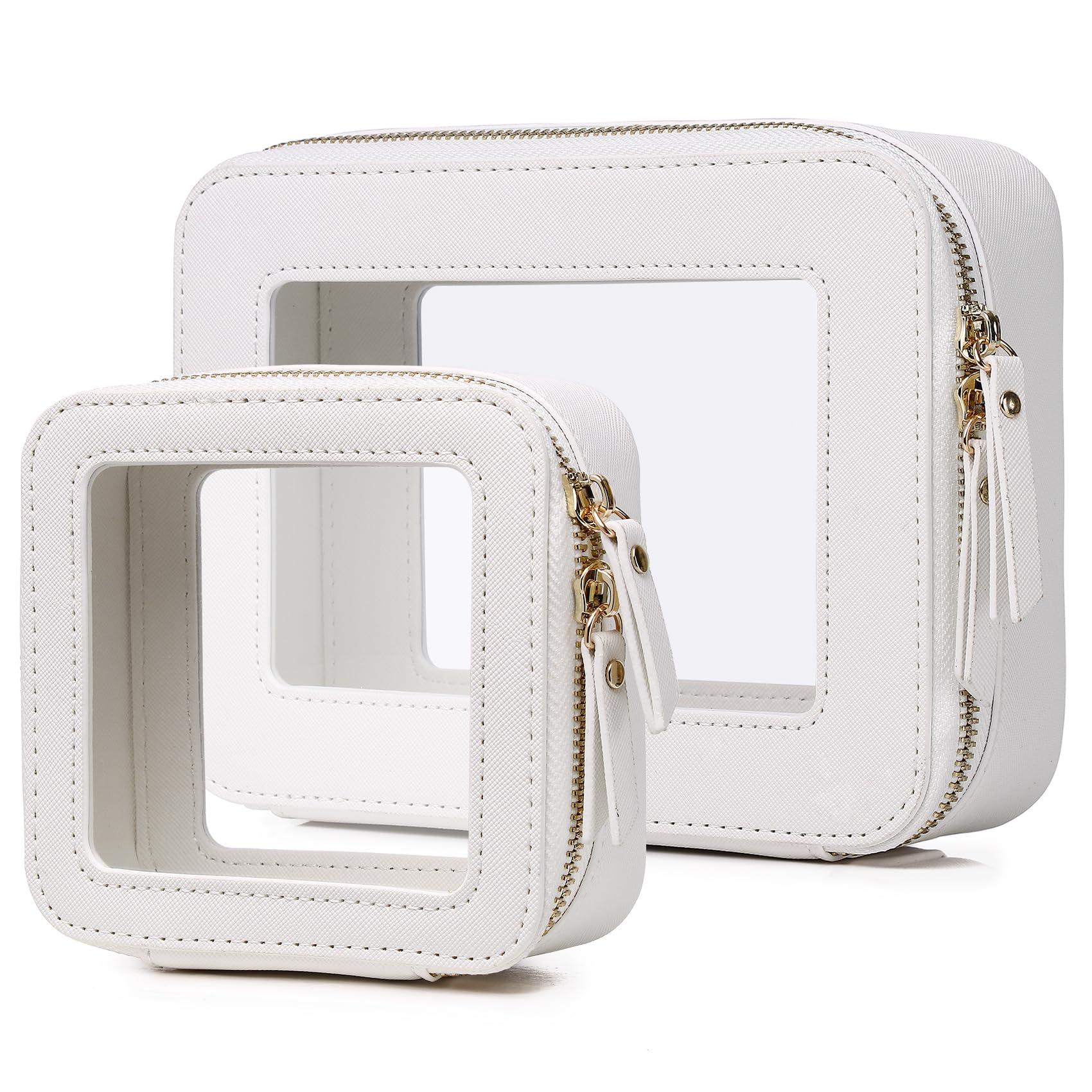 Pinkmik Clear Makeup Bag Waterproof Travel Case for Cosmetics and Toiletries Women's Purse Organizer and Clear Car Bag with Zipper (White, M+MINI)