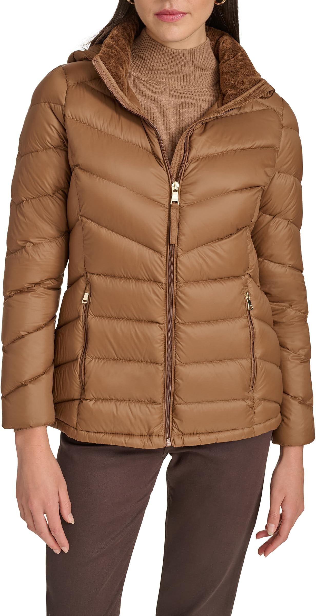 womens Chevron Quilted Down Coat – Lightweight Packable Puffer Jacket