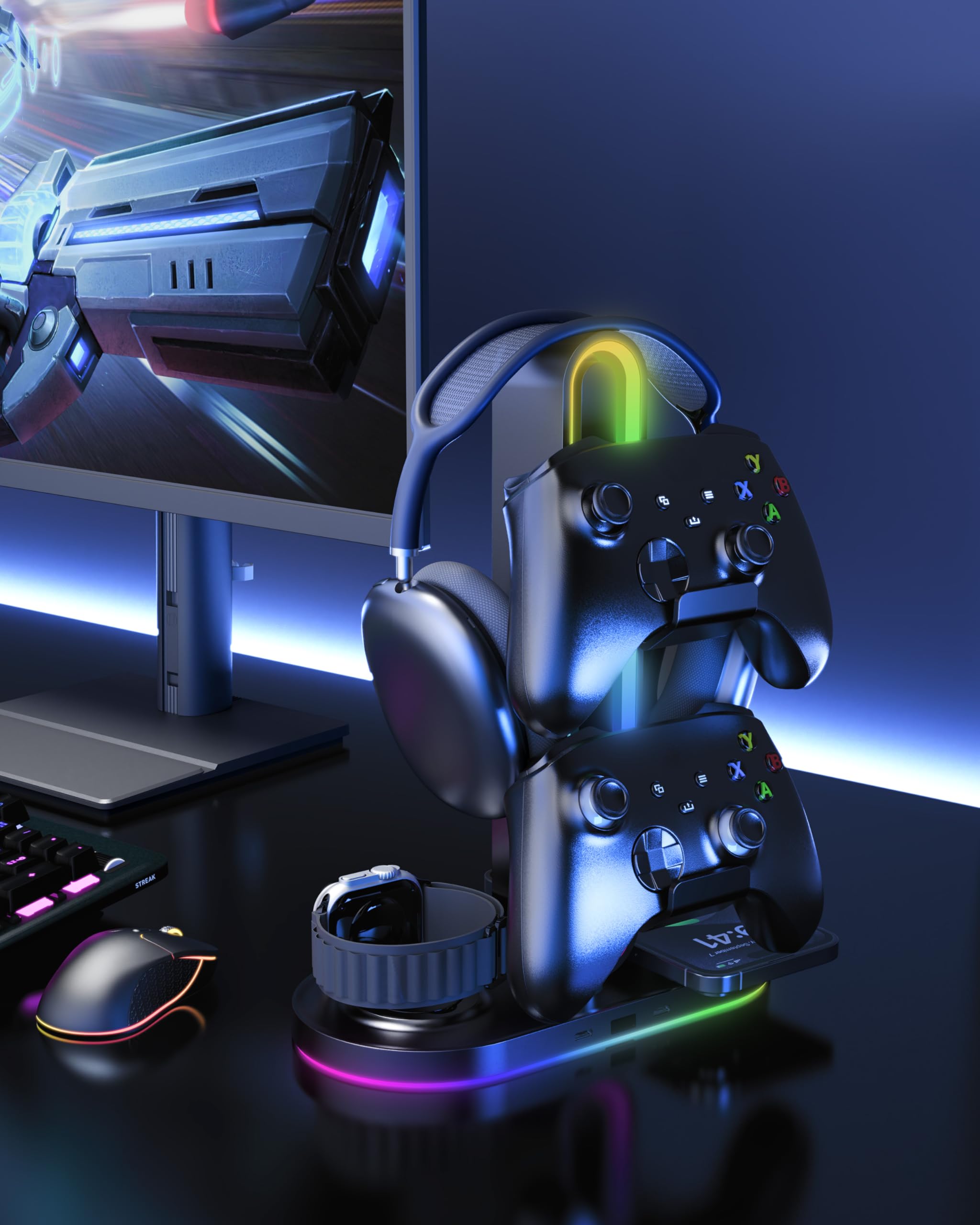 HiWe Supporto universale per cuffie da gioco RGB con 2 supporti per controller, caricabatterie wireless per iPhone/iWatch, ABS solido, base antiscivolo, nero