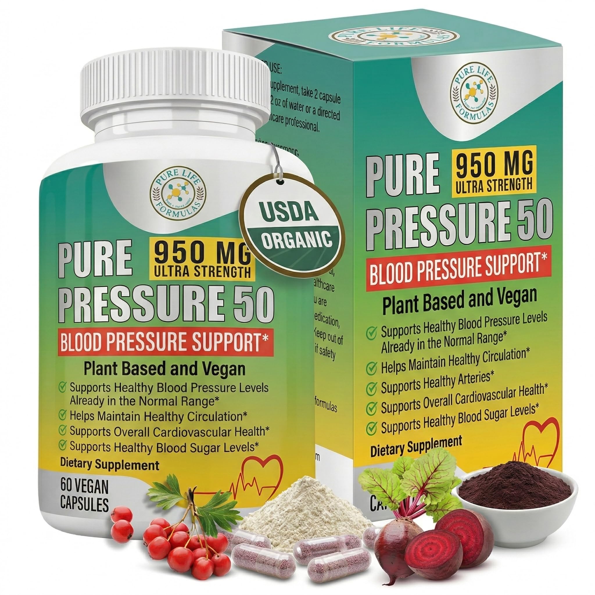 Pure Pressure 50 Blood Pressure Support Supplement - 900mg Odorless Tasteless Beetroot, Hawthorn Berry & Magnesium Capsules - 30-Day Supply Easy to Swallow Circulation Pills - 60 Vegan Capsules