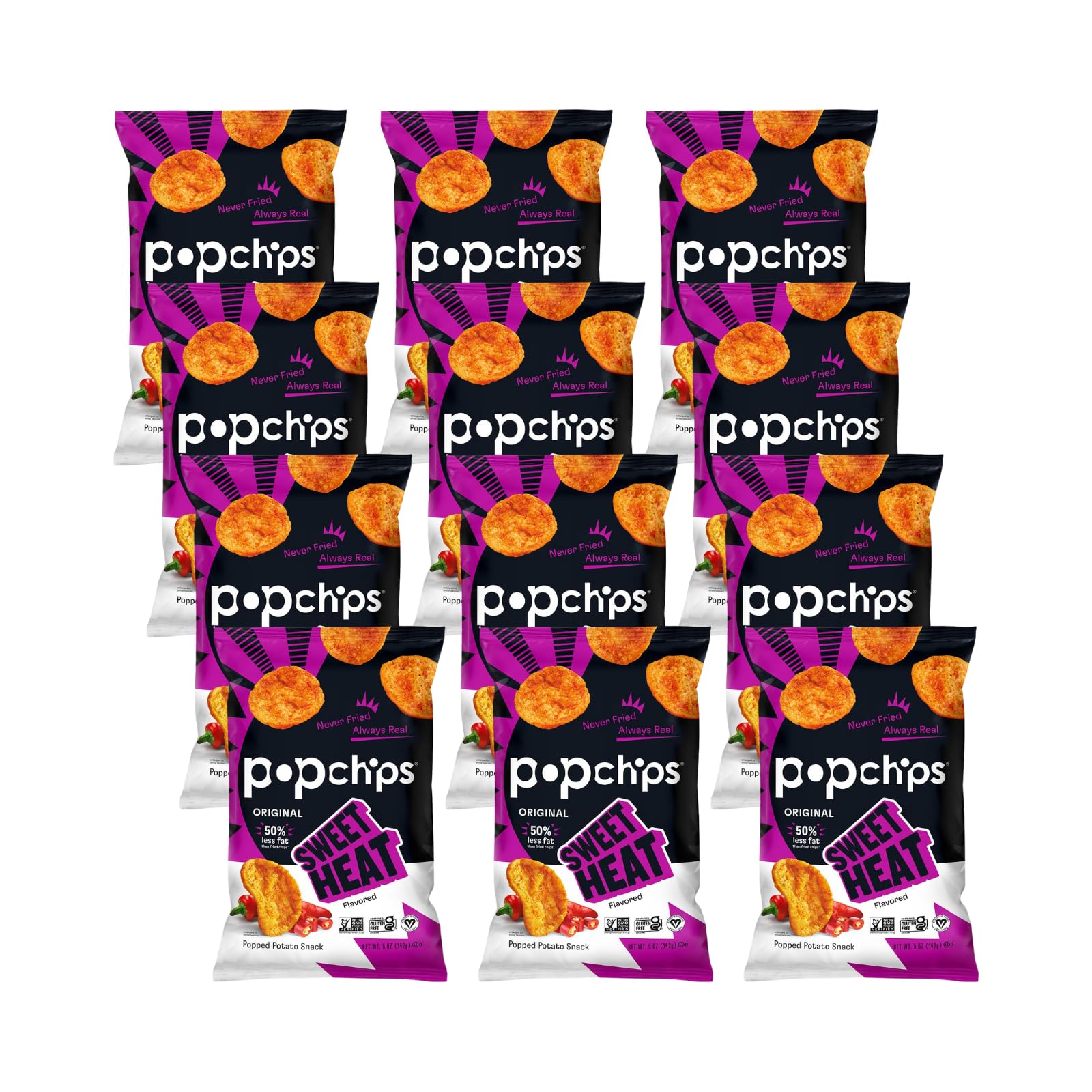 Popchips Potato Chips, Sweet Heat, 5.0 Oz Share Bags, Gluten Free, Salty Snacks for Adults and Children, Non-GMO, Vegan, Kosher (Pack of 12)
