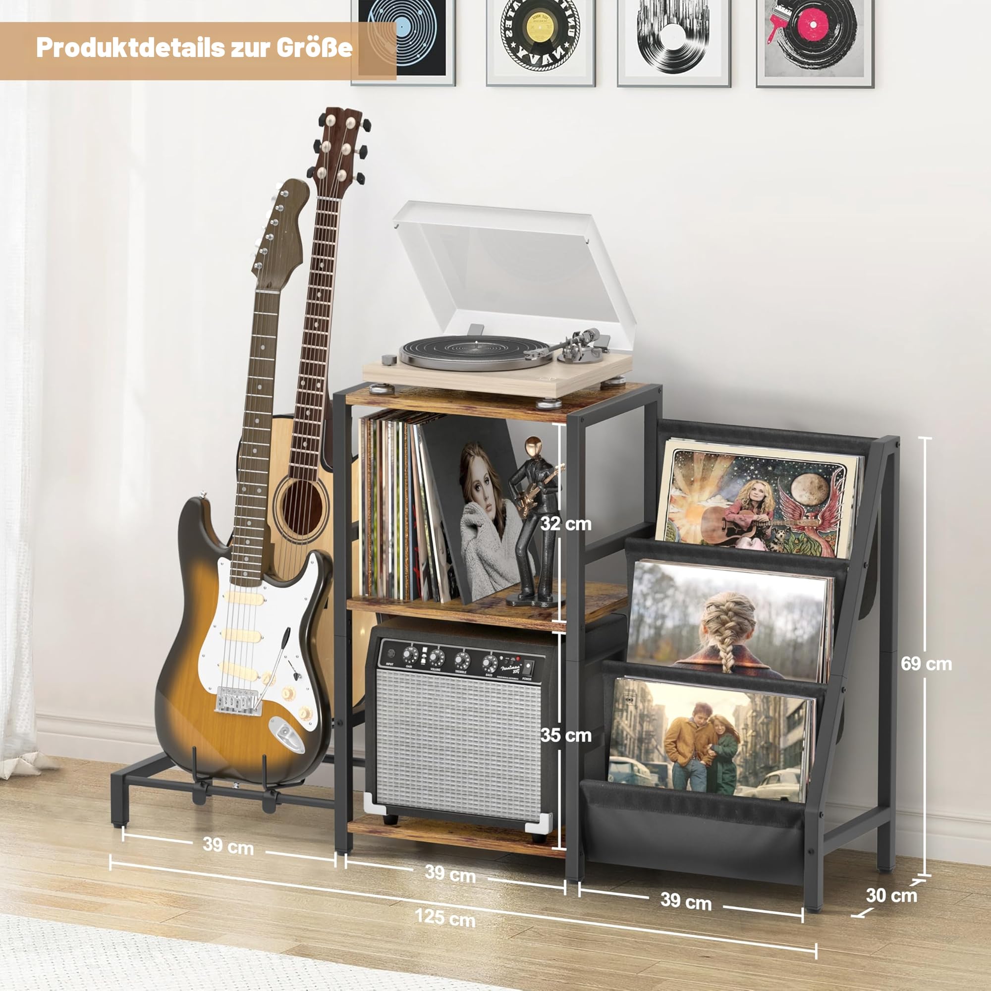 Bikoney Plattenspieler Ständer, Gitarrenständer für Akustik, E-Gitarre, Bass mit Verstärkerständer, 3-stufiger Schallplatten Aufbewahrung für bis zu 200 Alben, Plattenspieler-Tisch für Lautsprecher