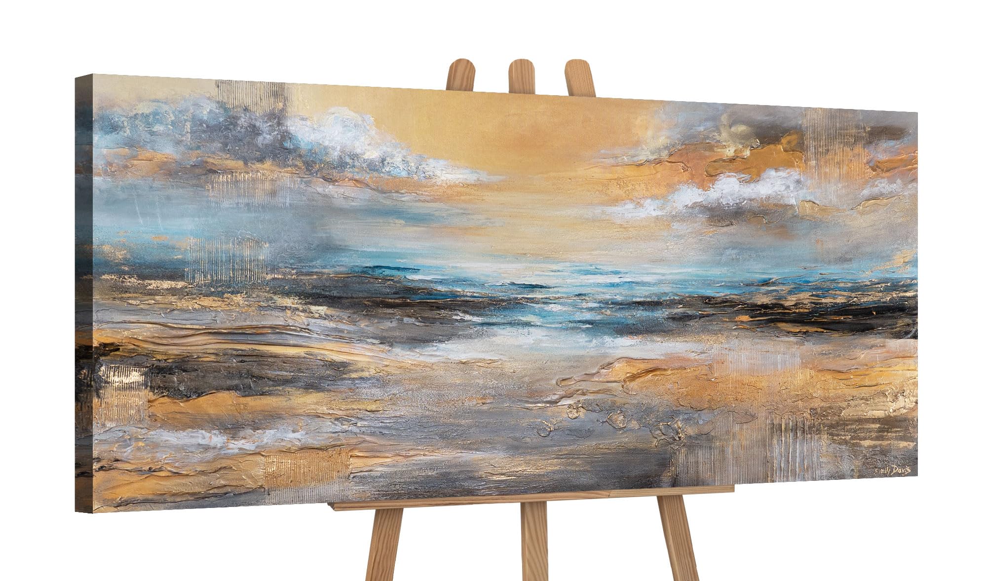YS-Art Original Handmade – Abstract Seascape in Beige Blue Gold, Modern Ocean Landscape, Classic Wall Decor for Home or Office 45x20 inch