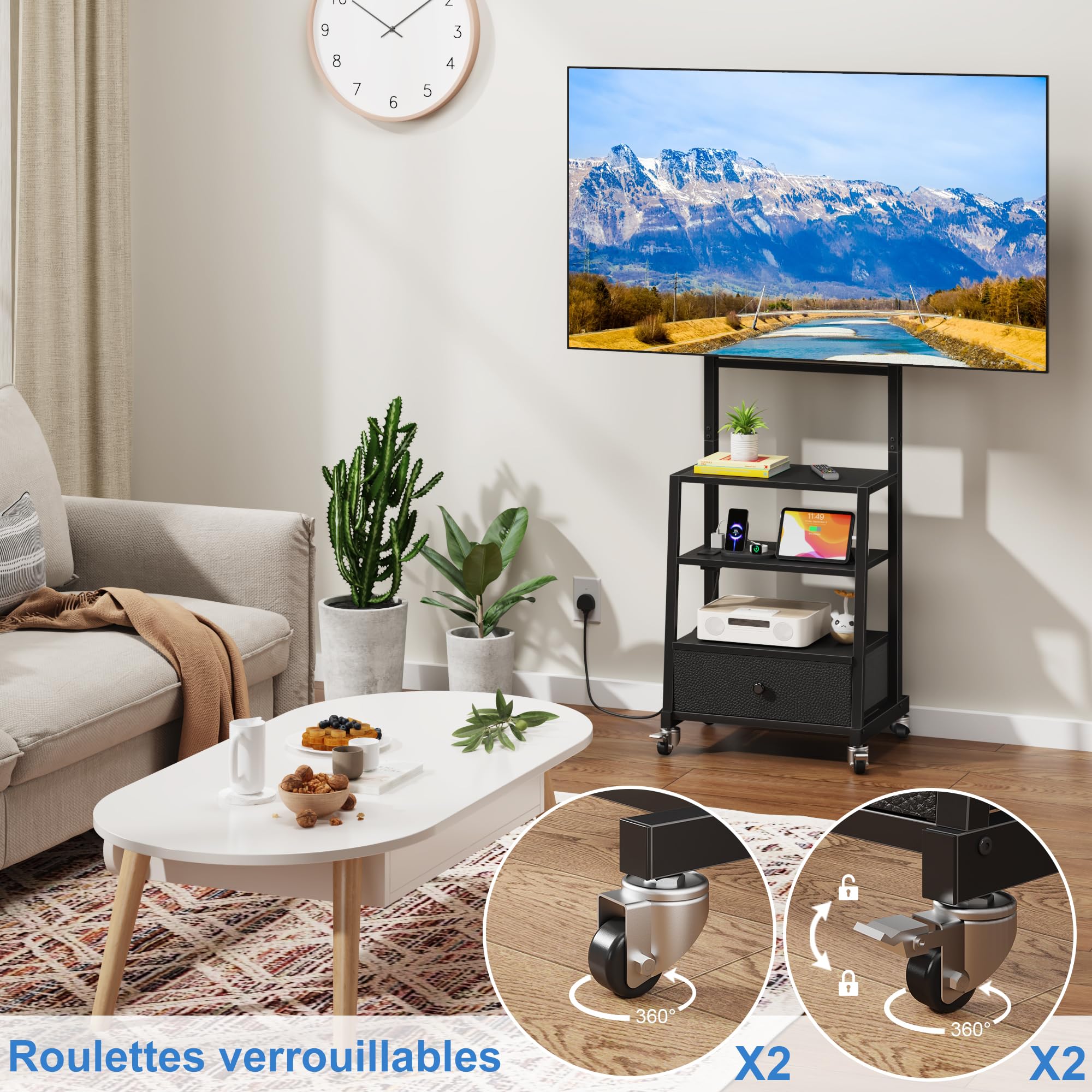 Meuble TV Roulette avec Prise & Tiroir 32-75" VESA 600x400, Noir | 2 Prises + 2 Ports USB | Tiroir Tissu | Rangement Étagère | Hauteur Réglable | Roulettes | Charge 50kg | Salon/Bureau