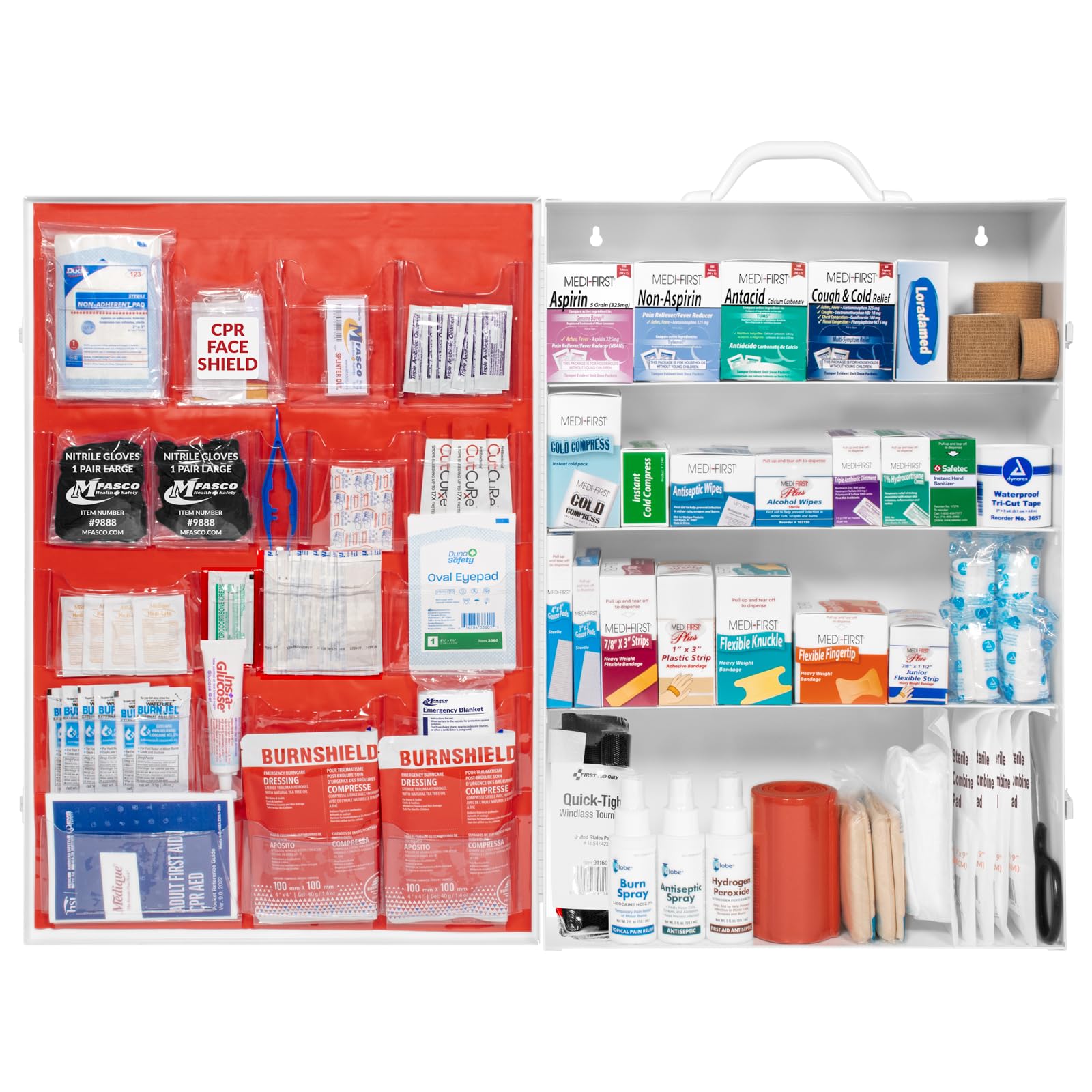 MFASCO Commercial Wall Mount 4 Shelf First Aid Kit - OSHA & ANSI Compliant, Refillable Metal First Aid Cabinet for Businesses, Large First Aid Kit Box for Office and Shop - No Label or Company Logo