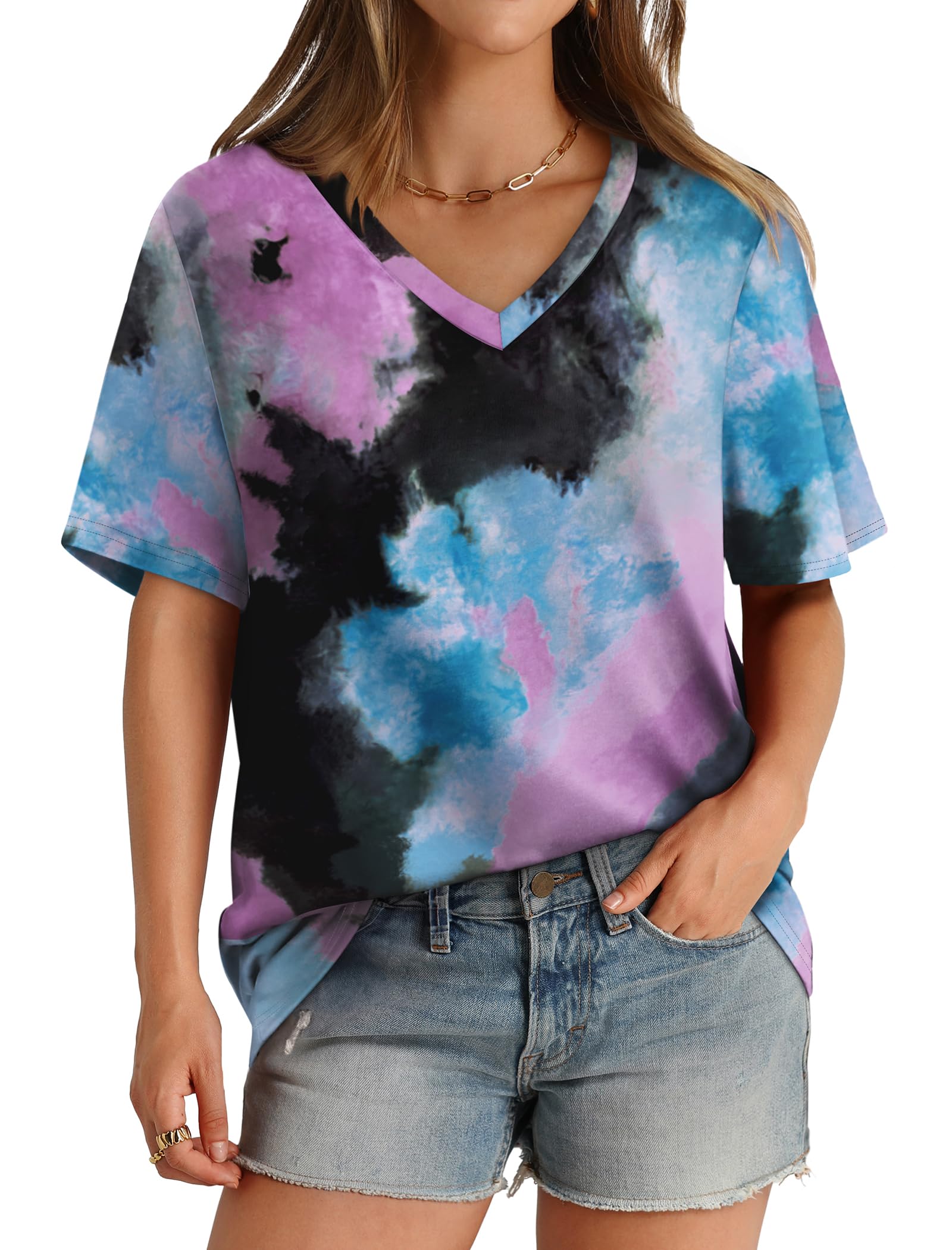 Aokosor Womens V Neck Short Sleeve T Shirts Summer Tops 2025 Casual Loose Tees Trending Now S-4XL