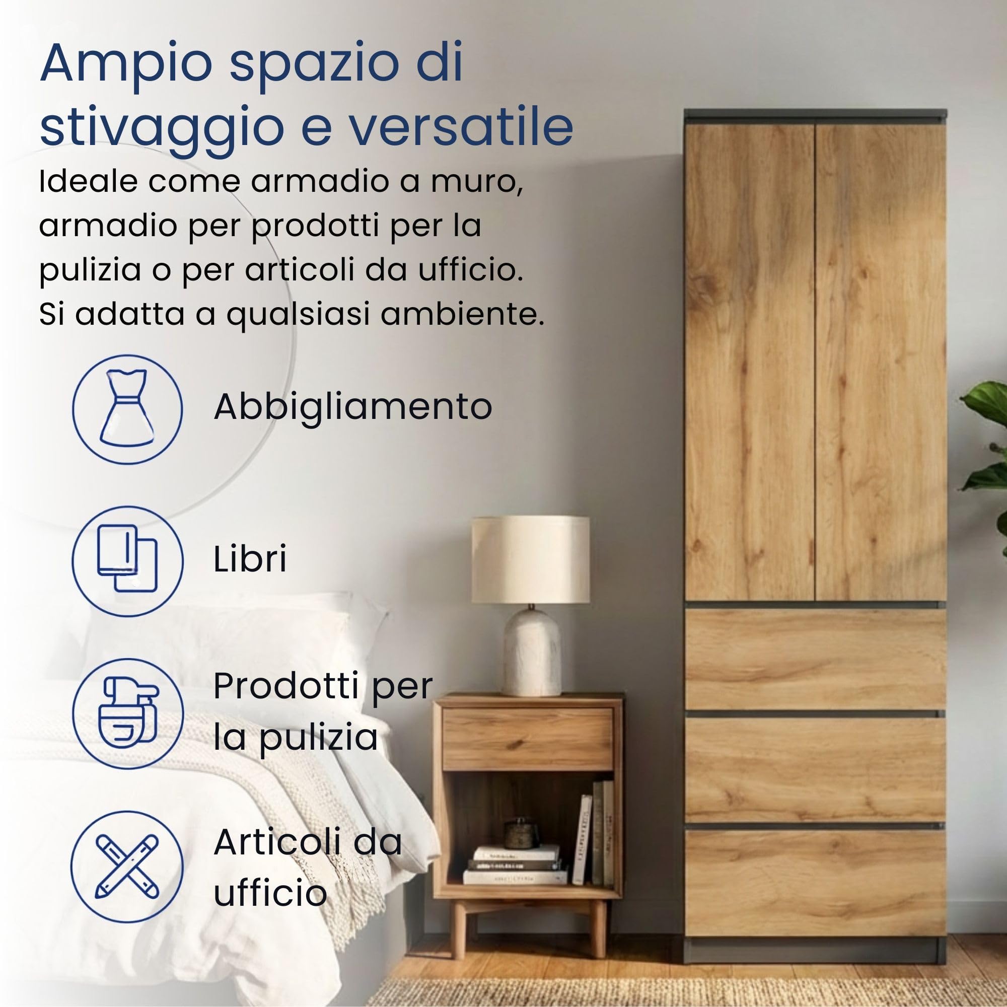 Home Collective Armadio multiuso a 2 ante con 3 ripiani e 3 cassetti | Armadio per camera da letto, ingresso o ufficio | 50x40x180 cm (LxPxA) | Antracite/Rovere