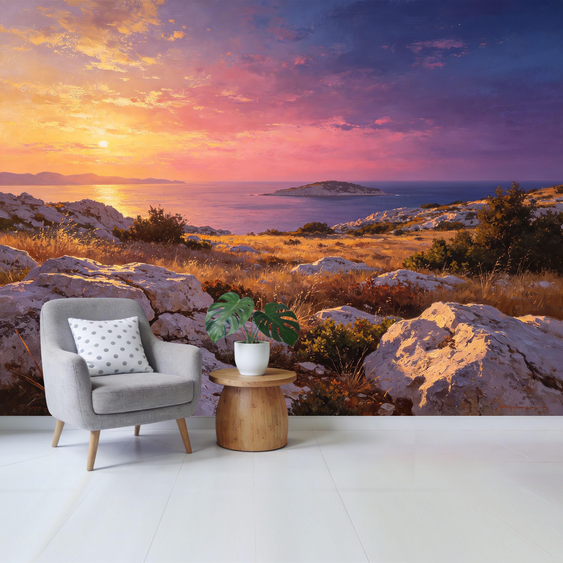 Custom Size Wall Mural Coastal Sunset Ocean Landscape Rocky Shore Golden Sky Watercolor Removable Self Adhesive Fabric Home Wall Decor for Living Room Bedroom Bathroom