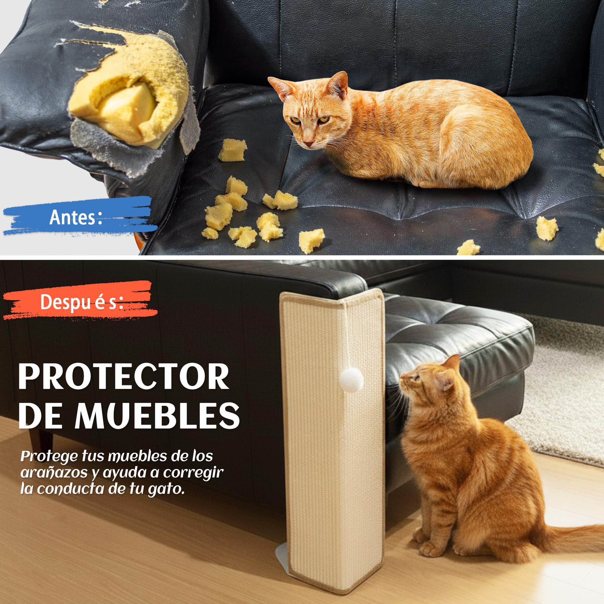 PETKARAY Rascador para Debajo de los Muebles para Gatos, Poste de rascado de sisal de 60 cm para la Esquina del sofá, Protector de Muebles con tapete para rascar para sofá con Pelota de Juguete