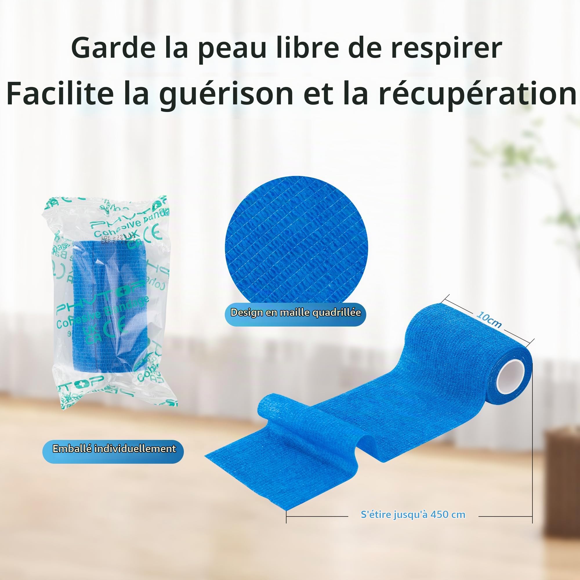 Bande Cohesive Veterinaire 10cm X 4.5m, Bande élastique Auto-adhésive pour la Protection du Poignet et de la Cheville (Bleu)