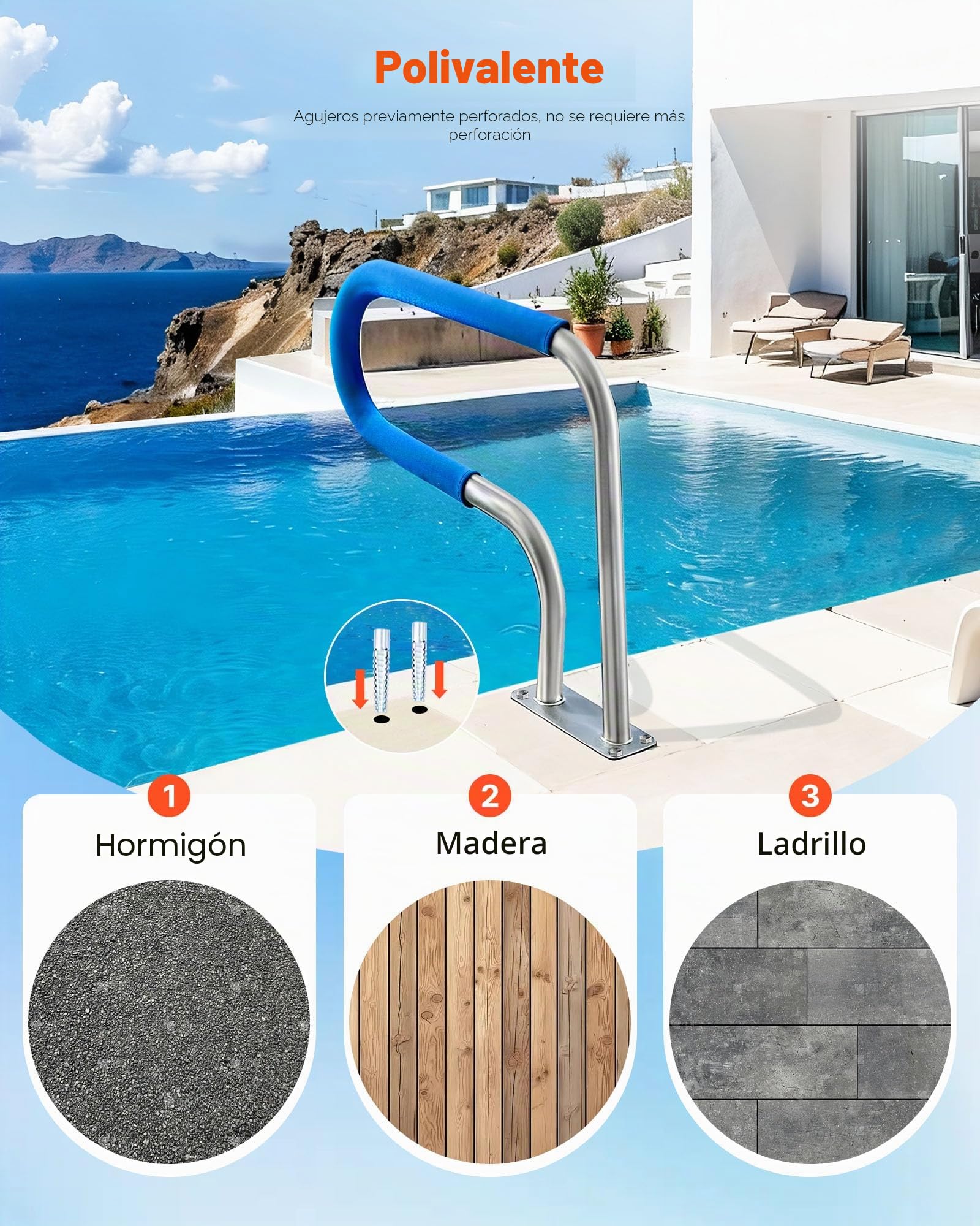 VEVOR Barandilla para Piscina 76,2 x 55,8 cm Pasamanos de Piscina Acero Inoxidable Agarradera Exterior Piscina Carga 113 kg Barandilla de Seguridad de Piscina con Cubierta de Nailon Tornillos Broca M8