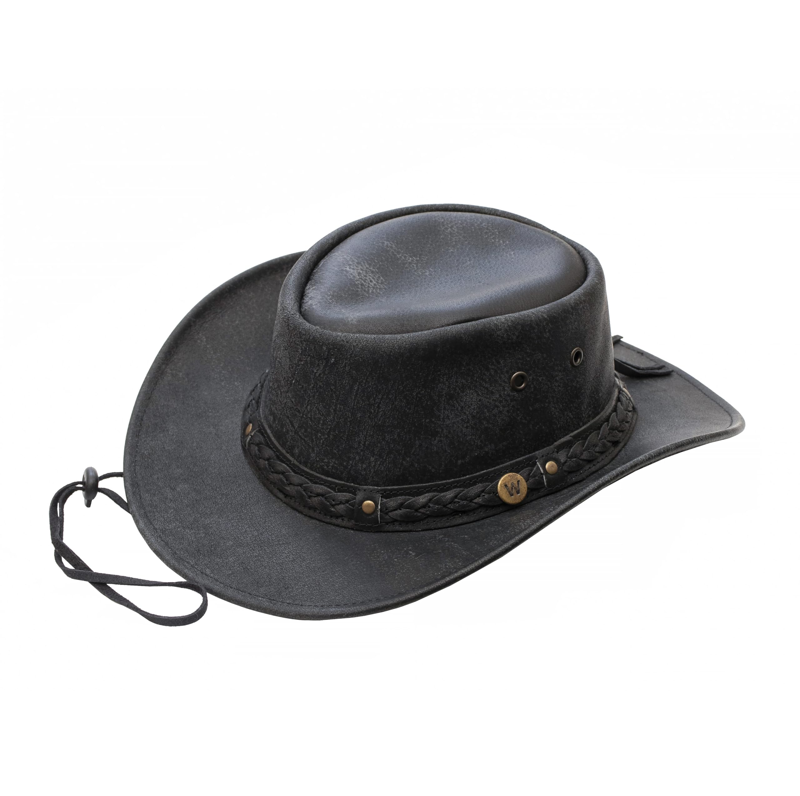 Wombat The Wilds Crushable Black Cow Hide Distressed Leather Hat Chin Strap Mens Womens Australian Style Bush Hats Cowboy - Large