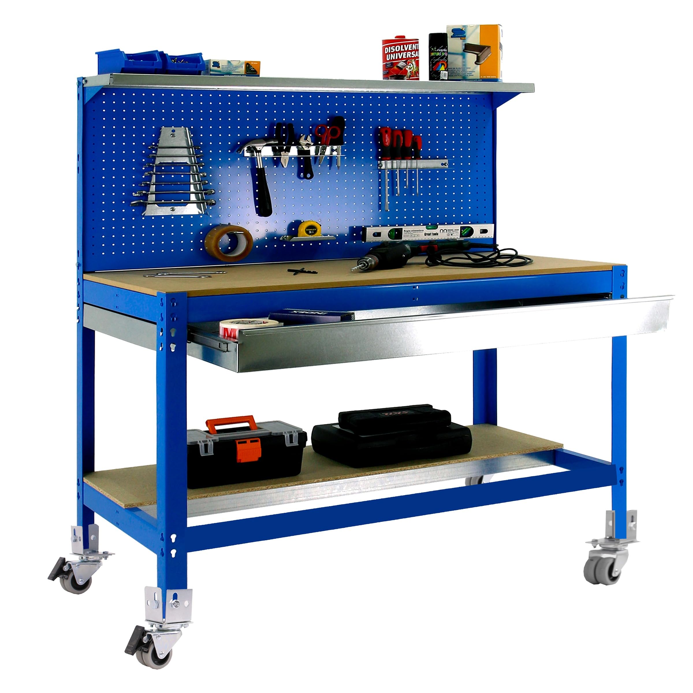 Simon Rack Banco de Trabajo Taller con Ruedas 1510x610 mm - BT3 | Panel Perforado y Cajón, Tablero madera 16 mm, Capacidad Carga 120 kg, Azul , Pintura anticorrosión, Montaje sistema clic