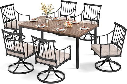 Miniatura 19 de PHI VILLA Juego de comedor al aire libre de 7 piezas con cojín, mesa de comedor rectangular de metal de 60 pulgadas con agujero para sombrilla y 6