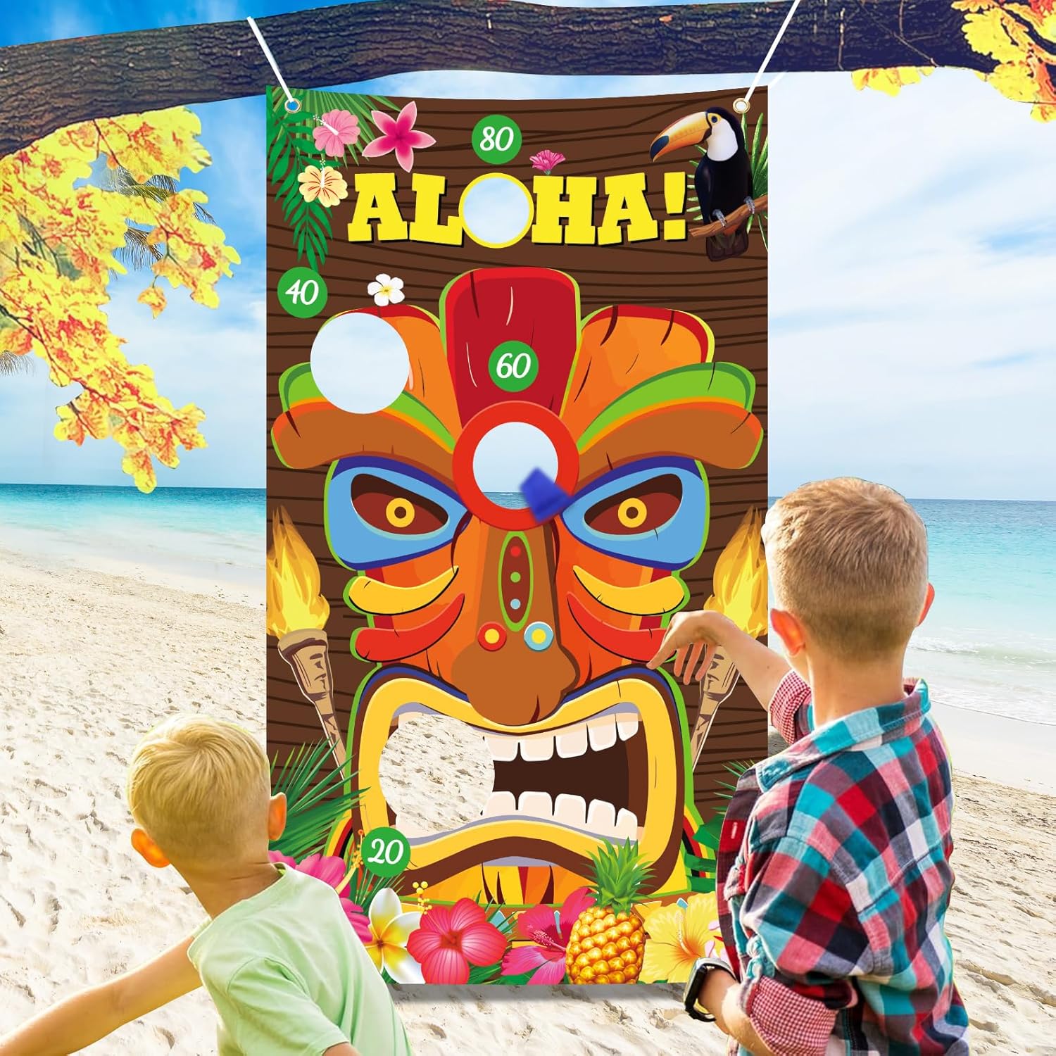 Upgraded Luau Party Games, Tiki Toss, Hawaiian Bean Bag Toss Game for Kids, Premium Aloha Banner, with 4pcs Bean Bags, for Summer Luau Party Supplies, Tropical Tiki Party Decorations
