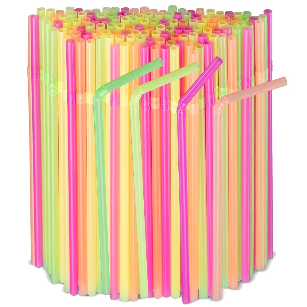 [500 Pack] Neon Colored Flexible Plastic Drinking Straws Disposable Straw 8\'\' inches Tall Assorted Colors