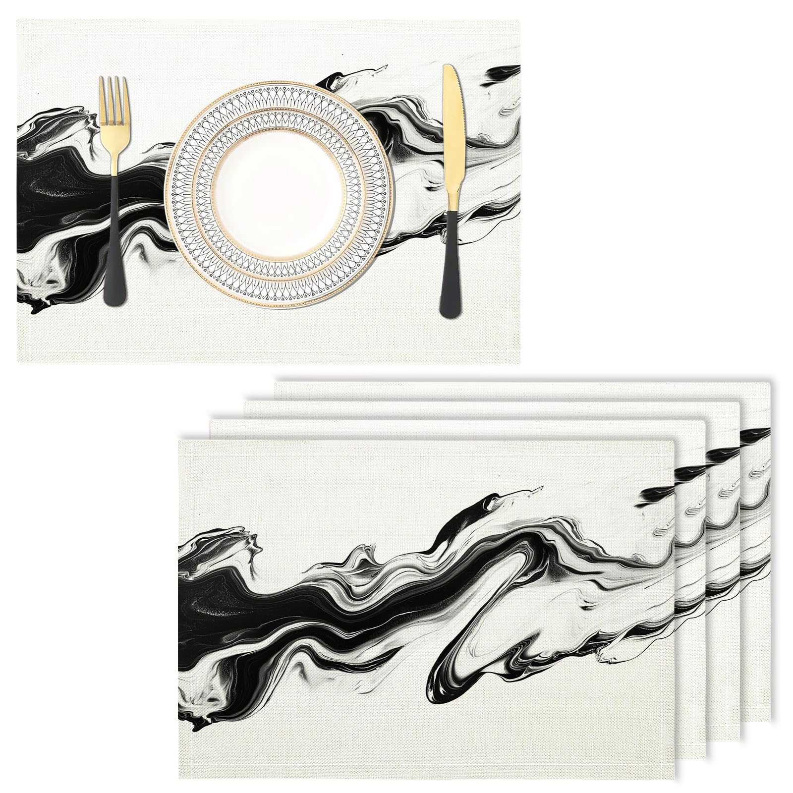Lot de 8 set de table 30 x 45 cm noir rectangulaire Vortex en lin coton lavable