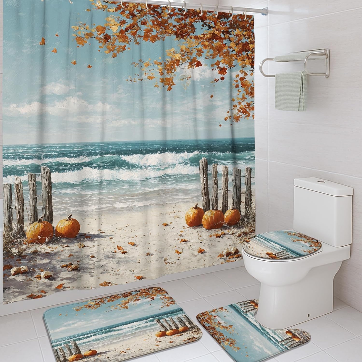 4Pcs Autumn Beach Shower Curtain Set, Orange Blue Pumpkin Bath Mat Rugs Accessories for Bathroom Decor, Fall Modern Waterproof Fabric Shower Curtain Set with Hooks 72x72 Inch