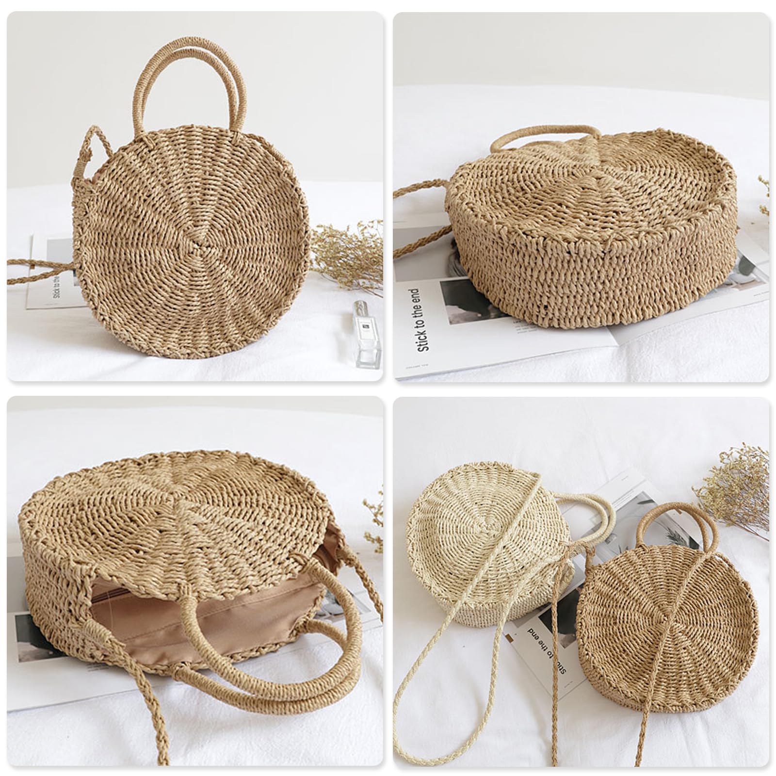 NICOLE & DORIS Bolso de Playa Bandolera Bolso de Paja Redondo Mujer Bolso de Hombro Verano Bolso de Mano Crossbody Bolsa Tejida de Ratán de Verano para la Playa Caqui
