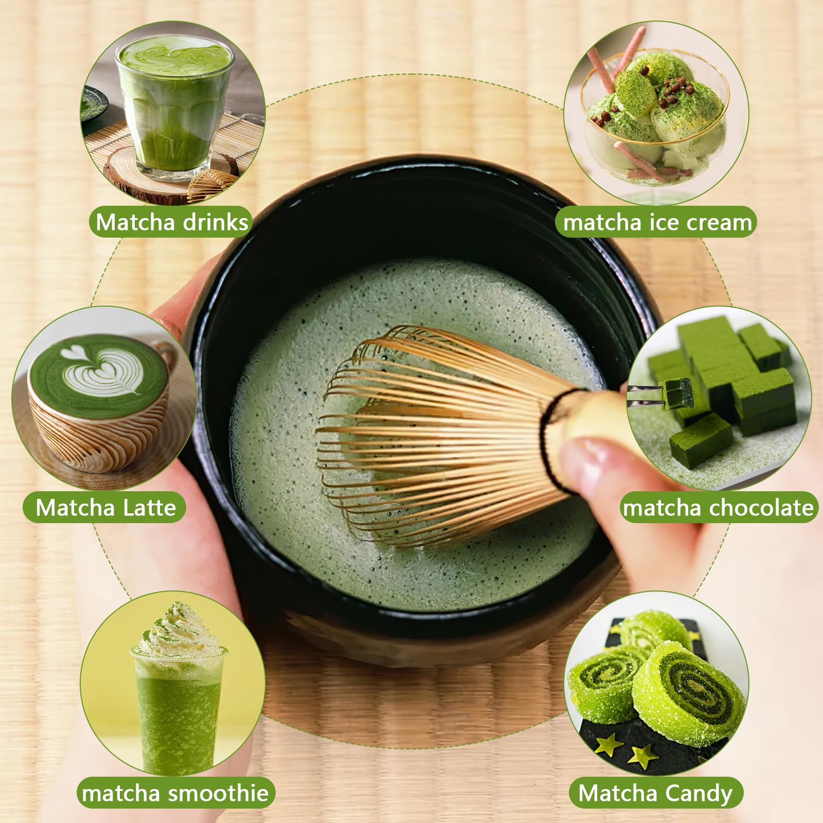 4 StüCk Matcha Besen Matcha Set Macha Tea Set, Whisk ZubehöR, Bambusbesen, LöFfel, Keramik Matcha Besen Halter Japanisches Handgefertigtes Geschenkset (Grün)