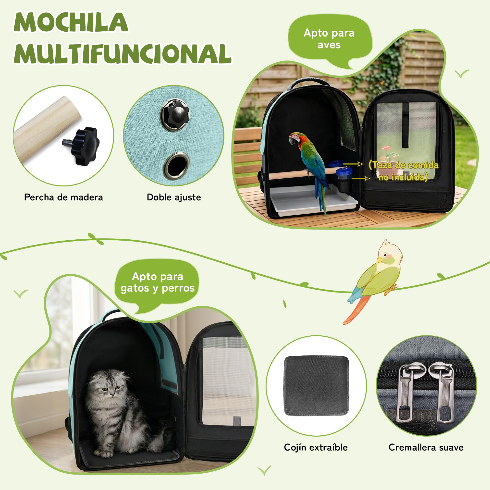 ALLSOPETS Mochila para Pájaros para Loros y Mascotas Pequeñas – Bolsa Transpirable con Percha Ajustable y Bandeja Extraíble, Ideal para Viajes y Actividades al Aire Libre (Azul Glaciar)