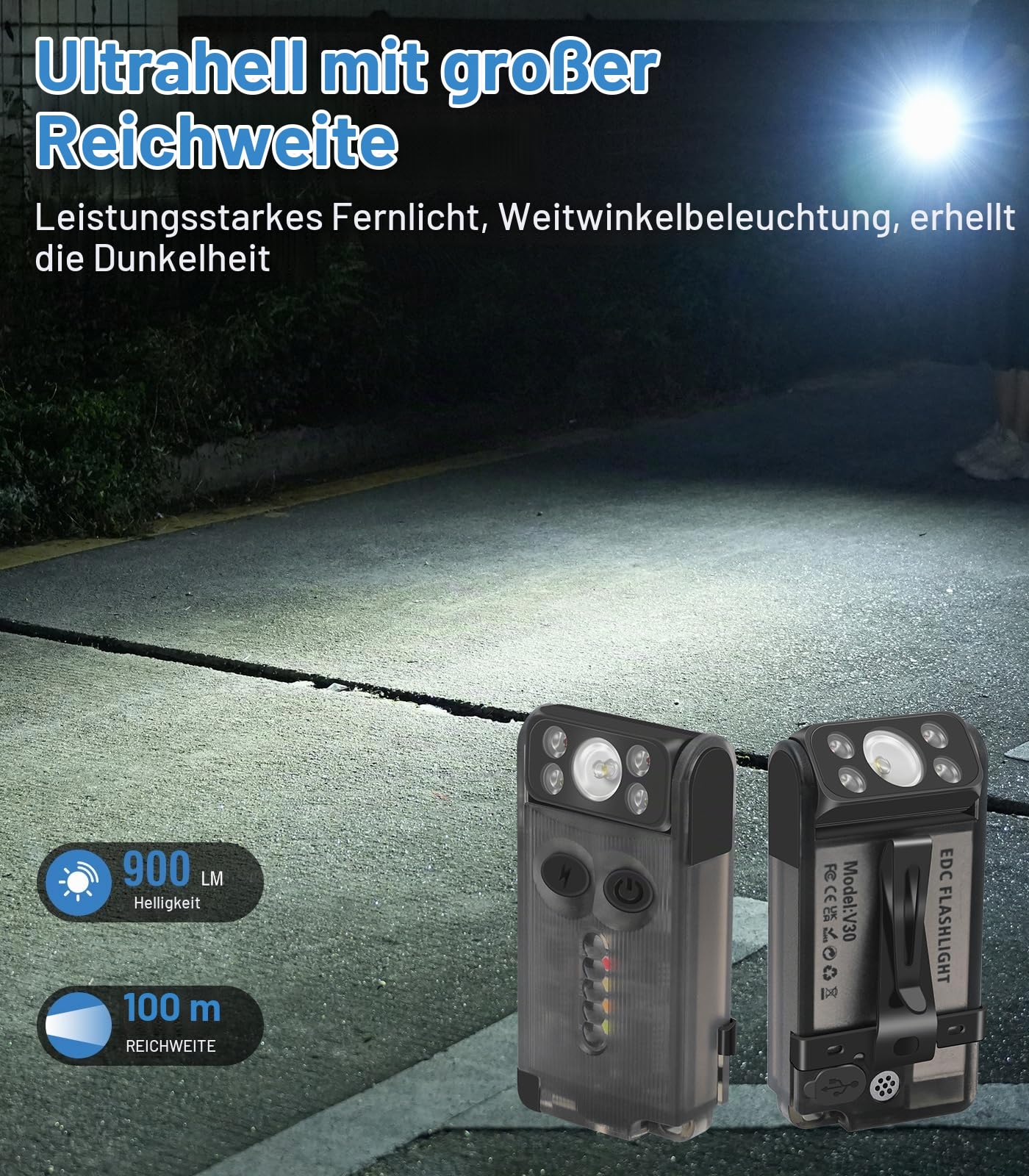 BORUIT V30 Taschenlampe LED Aufladbar mit UV und Rotlicht, Mini Taschenlampen 180° Drehbar, Klein Flashlight 120 dB-Summer 12 Modi, 900 Lumen IP65 Wasserdicht A/C-C Torch (Schwarz)