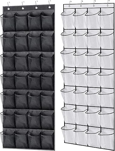 MISSLO Paquete de 2 zapateros colgantes con 28 bolsillos grandes, organizador de zapatos, colgador de almacenamiento para armario, soporte de malla,