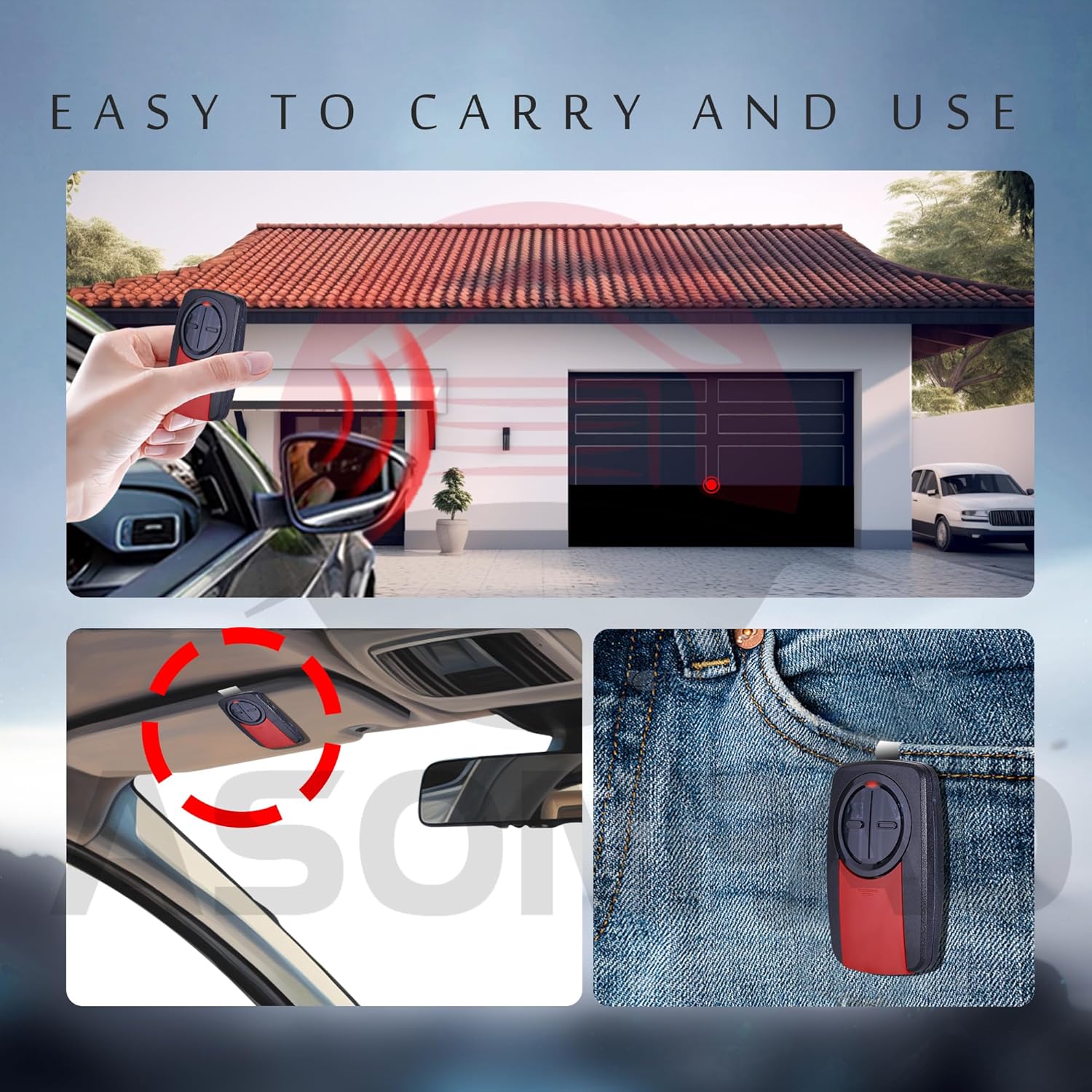 ASONPAO universal garage door remote clipped to a car's sun visor and stored in a pocket.