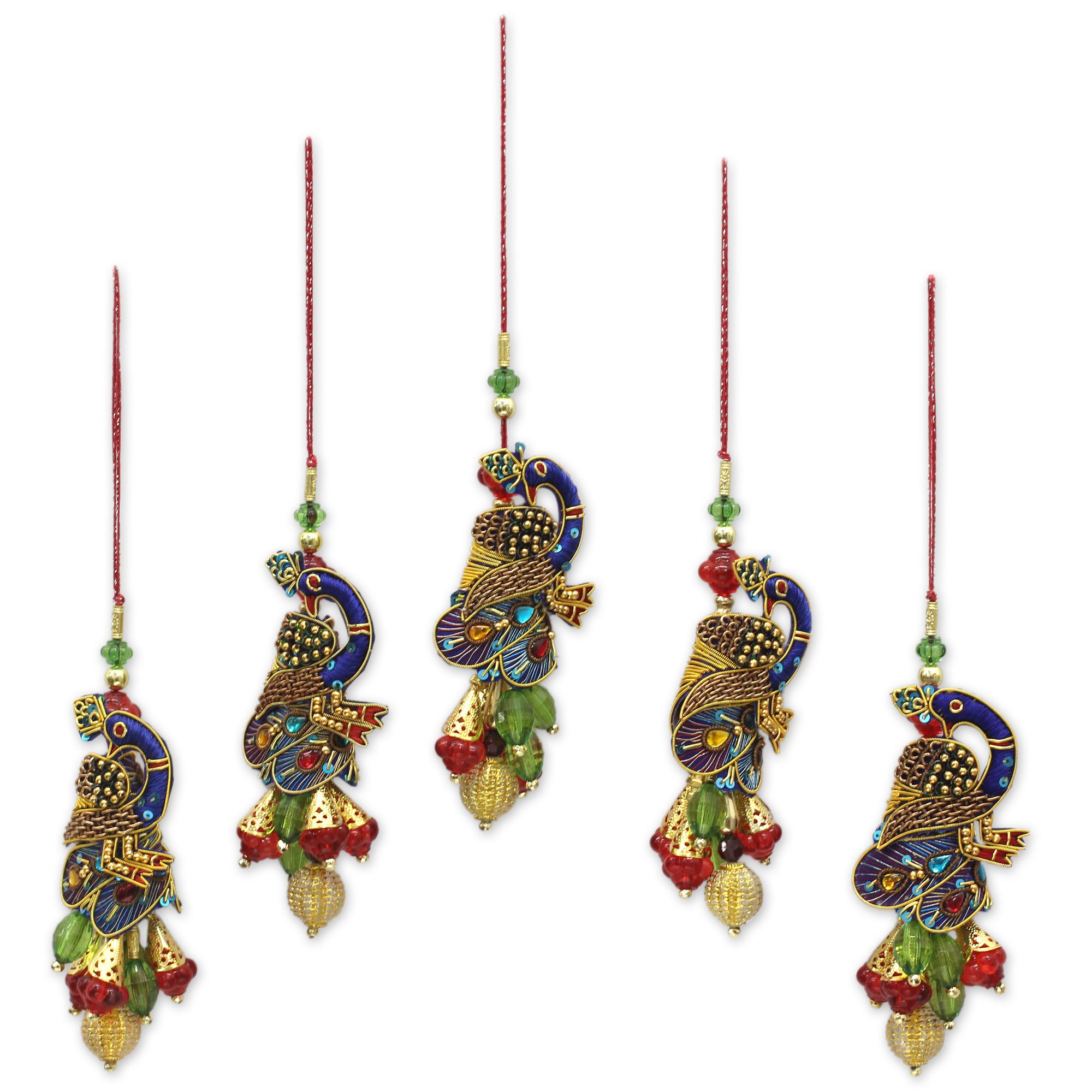 NOVICA Hand Beaded Multi-Color Christmas Holiday Ornaments, 'Mughal Peacocks' (Set of 5), Handmade in India