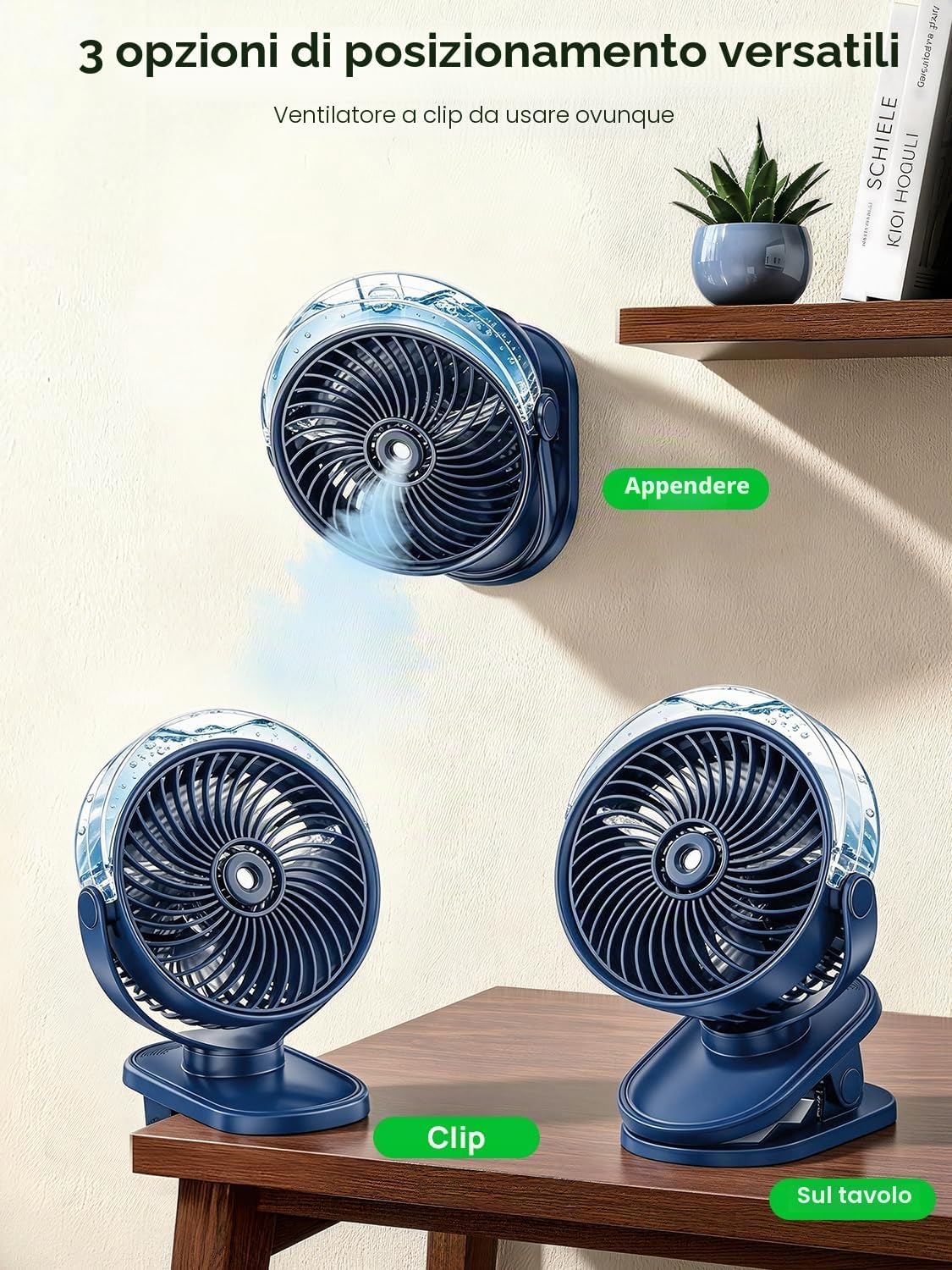 Ventilatore Pinza con Nebulizzatore, 6000mAh Ricaricabile USB Mini Ventilatore Portatile, Ventilatore Piccolo da Tavolo Silenzioso, 4 Velocità, 360° Girevole per Ufficio, Scrivania, Auto ed Esterno