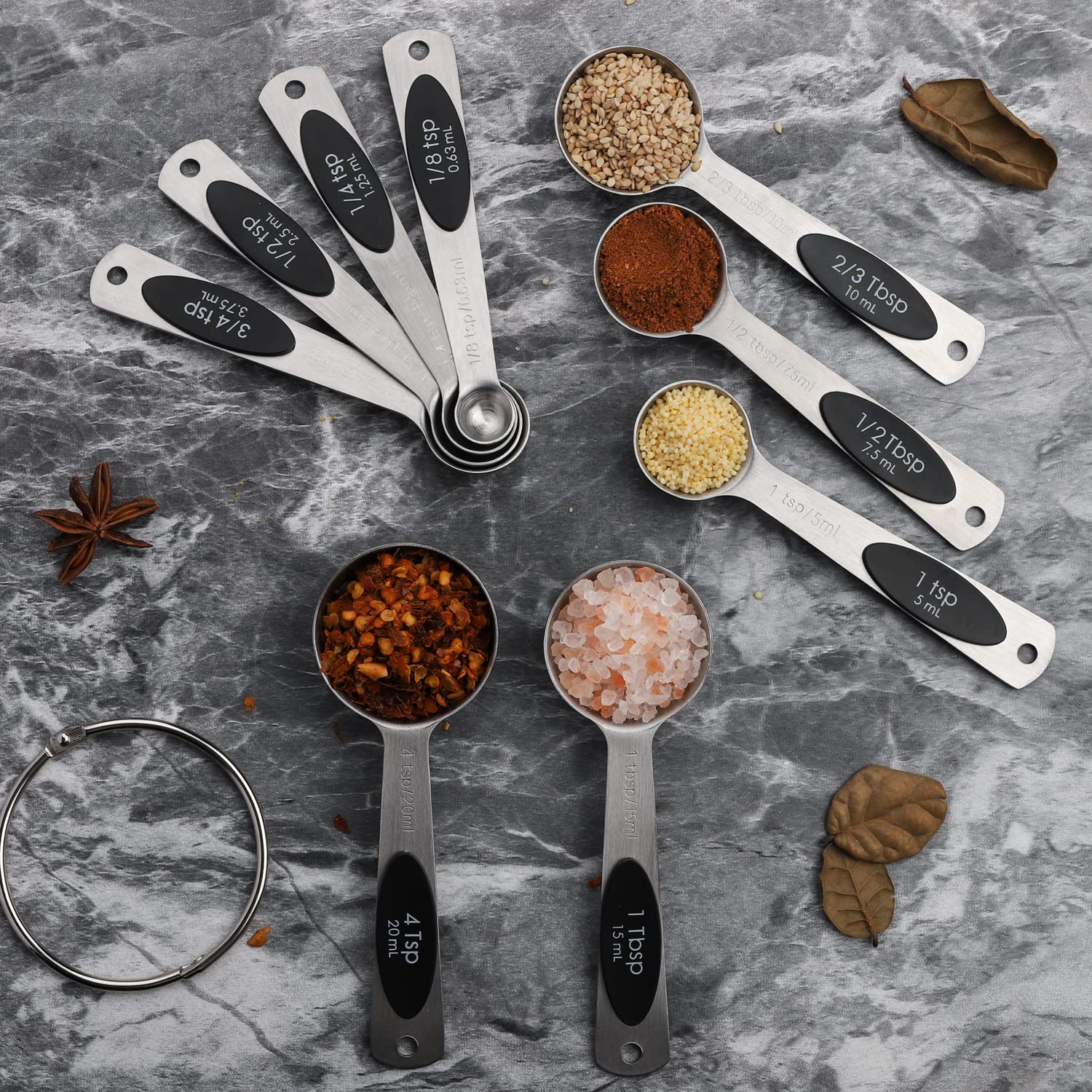 Juego de 9 cucharas medidoras magnéticas apilables de acero inoxidable para medir ingredientes secos y líquidos
