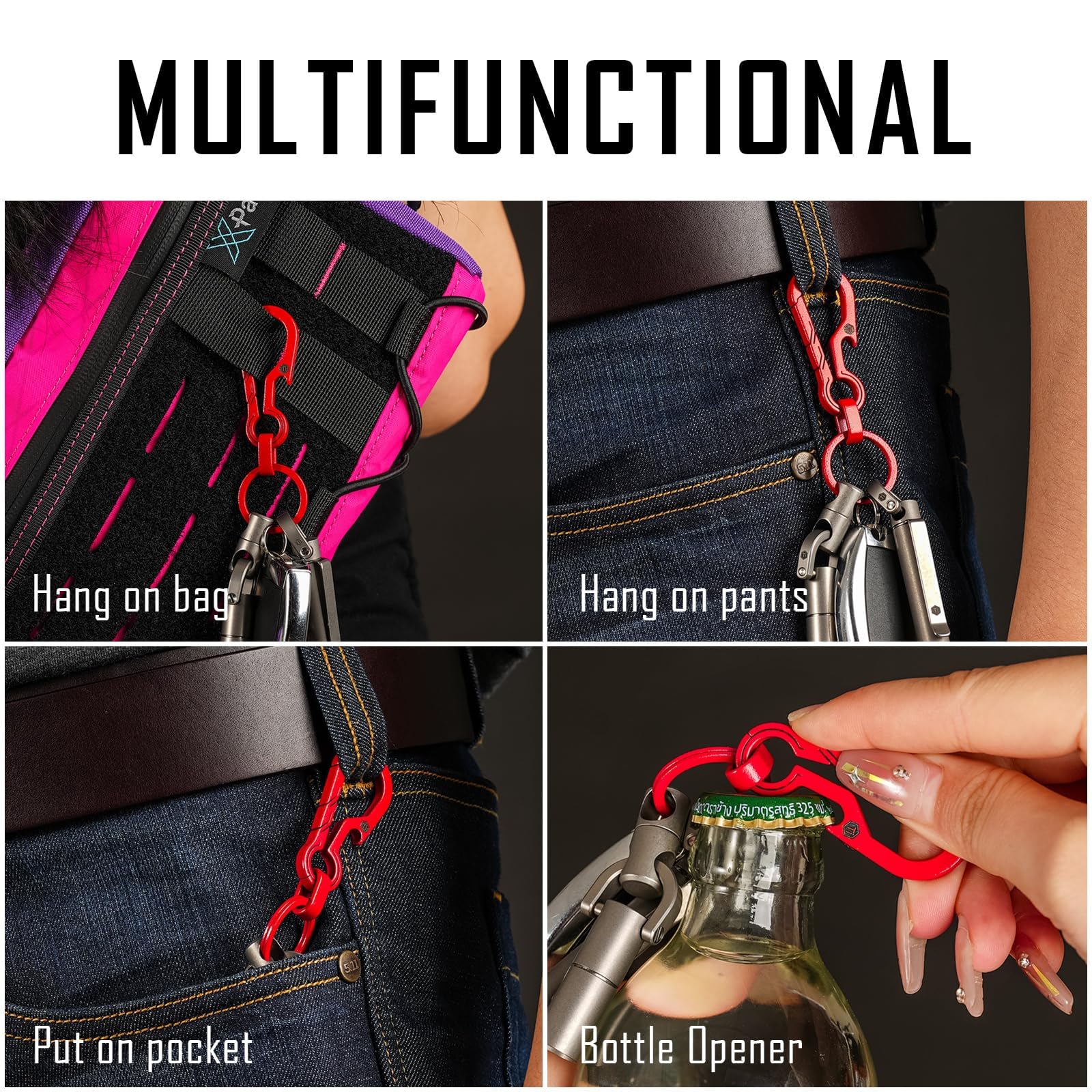 KeyUnity KM01 Titanium EDC Keychain Clip with Bottle Opener, Quick Release Carabiner Key Ring Holder (Red) - Image 4