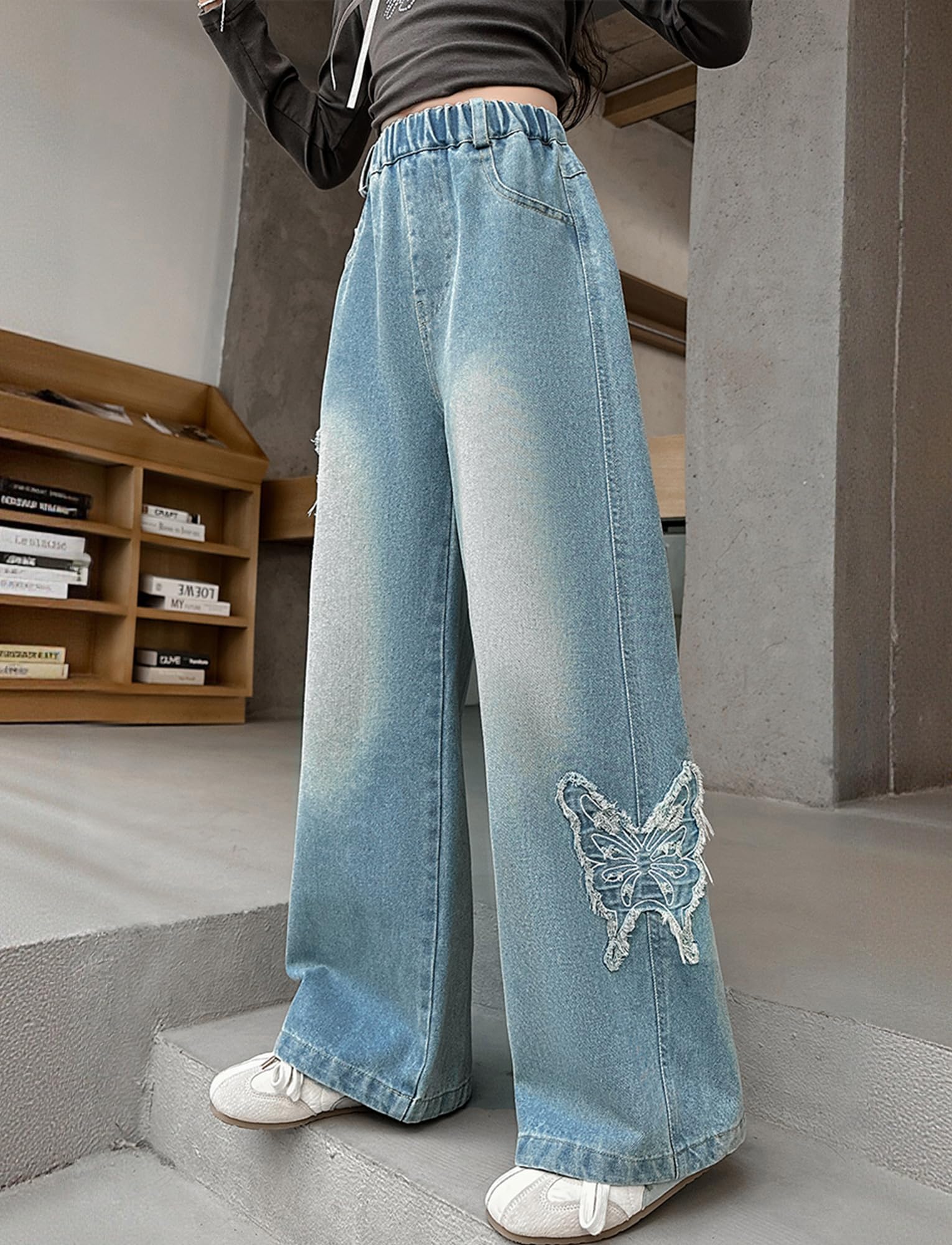 Happy Cherry - Pantalones Vaqueros Holgados para Niña Pantalón de Mezclilla Ancho Algodón Jeans Estilo Callejero Vintage Infantil Chica Cintura Elástica para Primavera Verano Otoño Invierno - 110-164