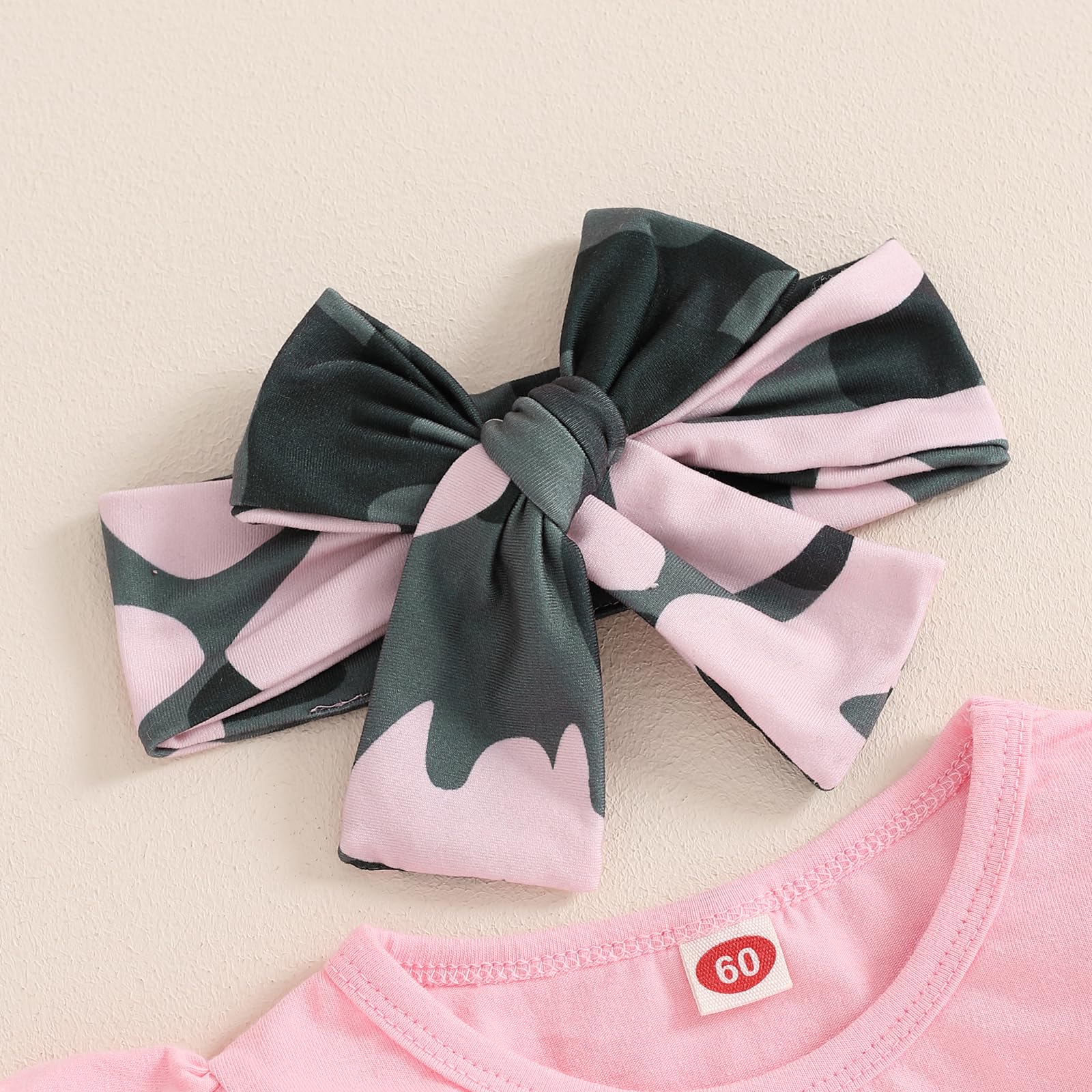 Kupretty Baby Girl Clothes Infant Fall Winter Outfit Long Sleeve Ruffle Romper Bodysuit + Camouflage Pants + Headband Set (Pink, 6-12 Months)