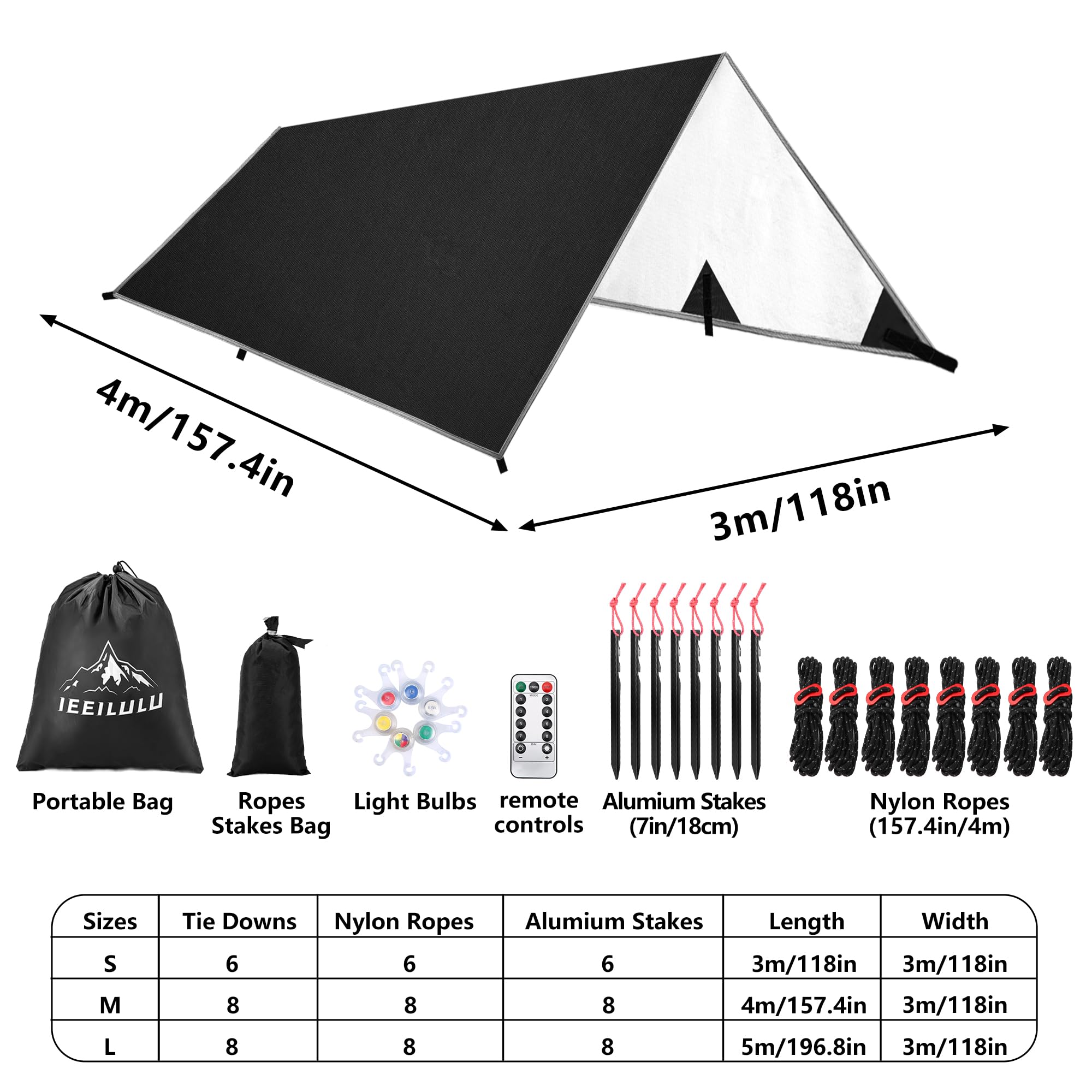 IEE ILULU Toldo de Refugio Camping, 3x3m Tiendas de Campaña, Tarp Impermeable Exterior, Anti-Viento Toldos con 6 Estacas y 6 Cuerdas para Piscina Jardín Pesca Senderismo Mochila (Negro, 3x3m)