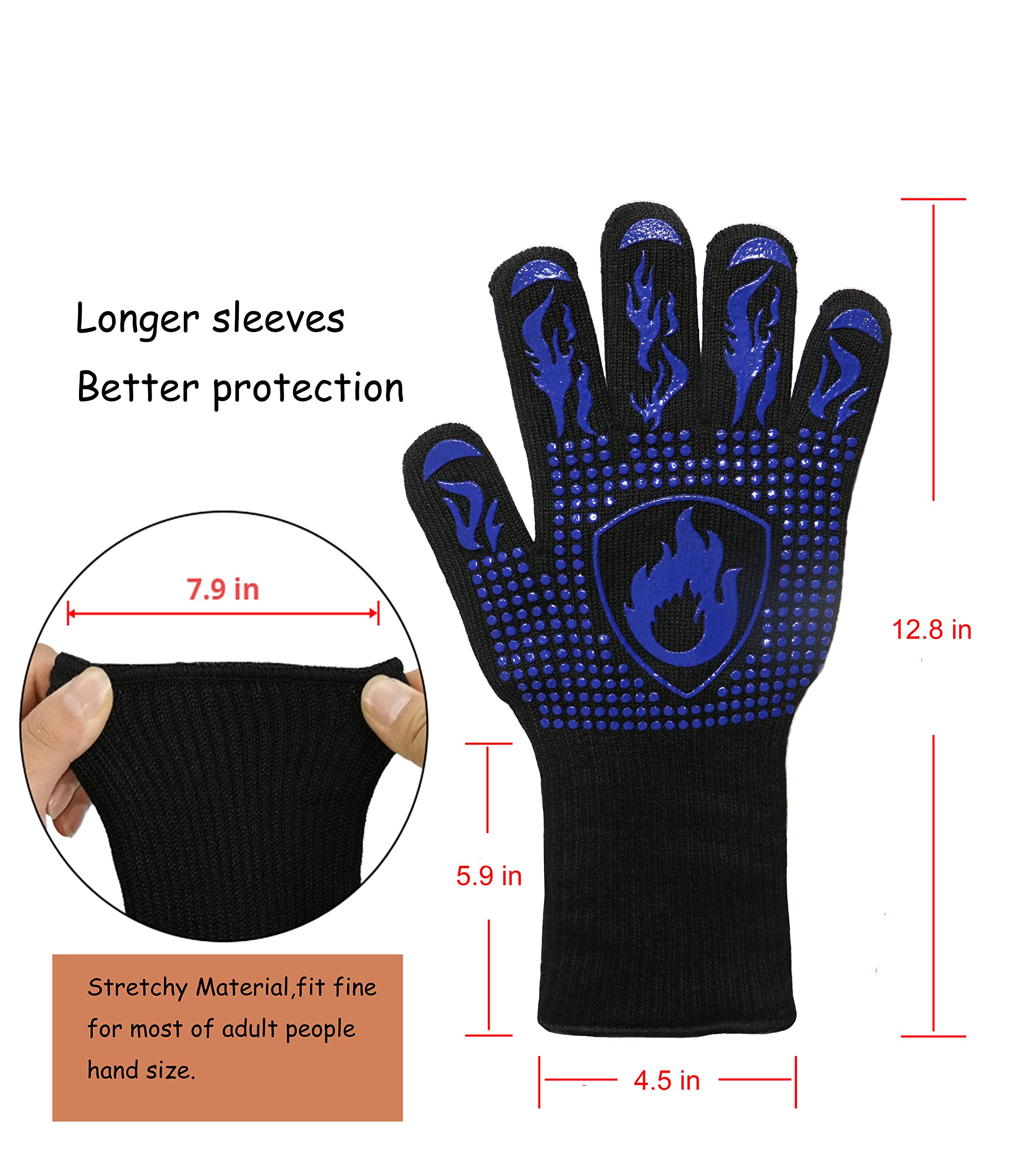 Guantes de horno para barbacoa, resistentes al calor, antideslizantes, de silicona, para asar, cocinar, hornear, freír, cortar (azul)