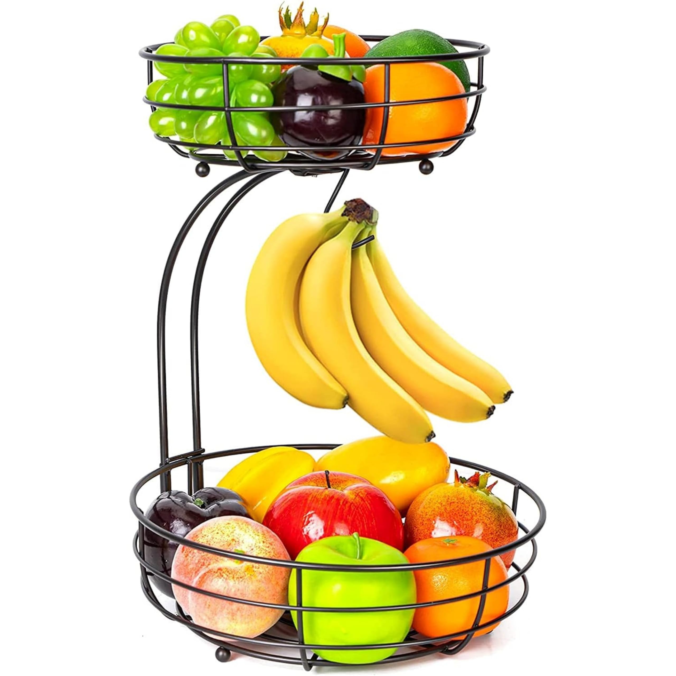 VORACIS 2-Tier Fruit Basket with Banana Hanger, Detachable Metal Fruit Bowl for Kitchen Counter, Countertop Fruit & Vegetable Storage Rack Organizer for Bananas, Bread, Snacks & Eggs, Black