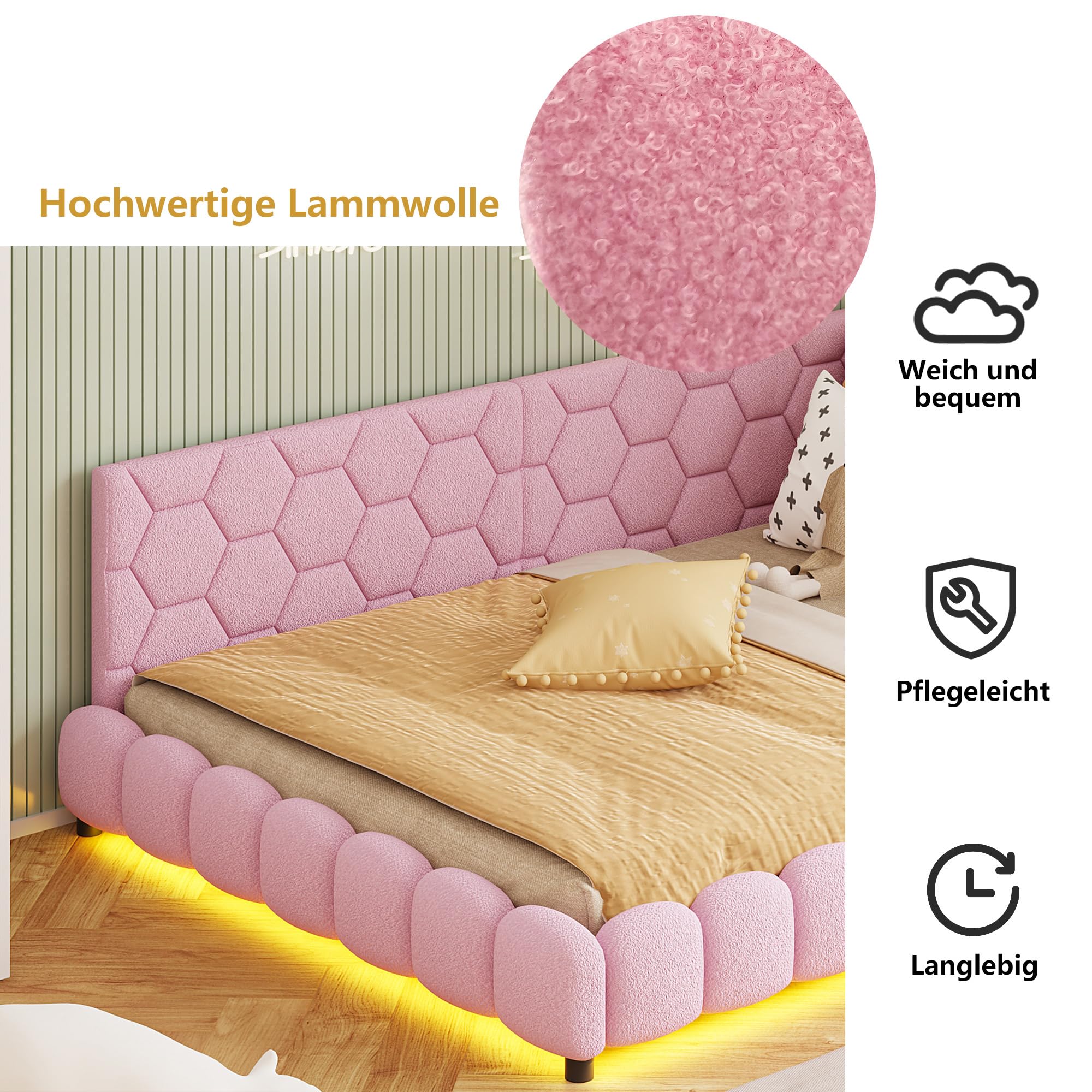 FEEOHOME Sofá cama tapizado de 140 x 200 cm, sofá cama con LED y USB, cama multifuncional con somier y patas para habitación infantil, salón, sin colchón (rosa)