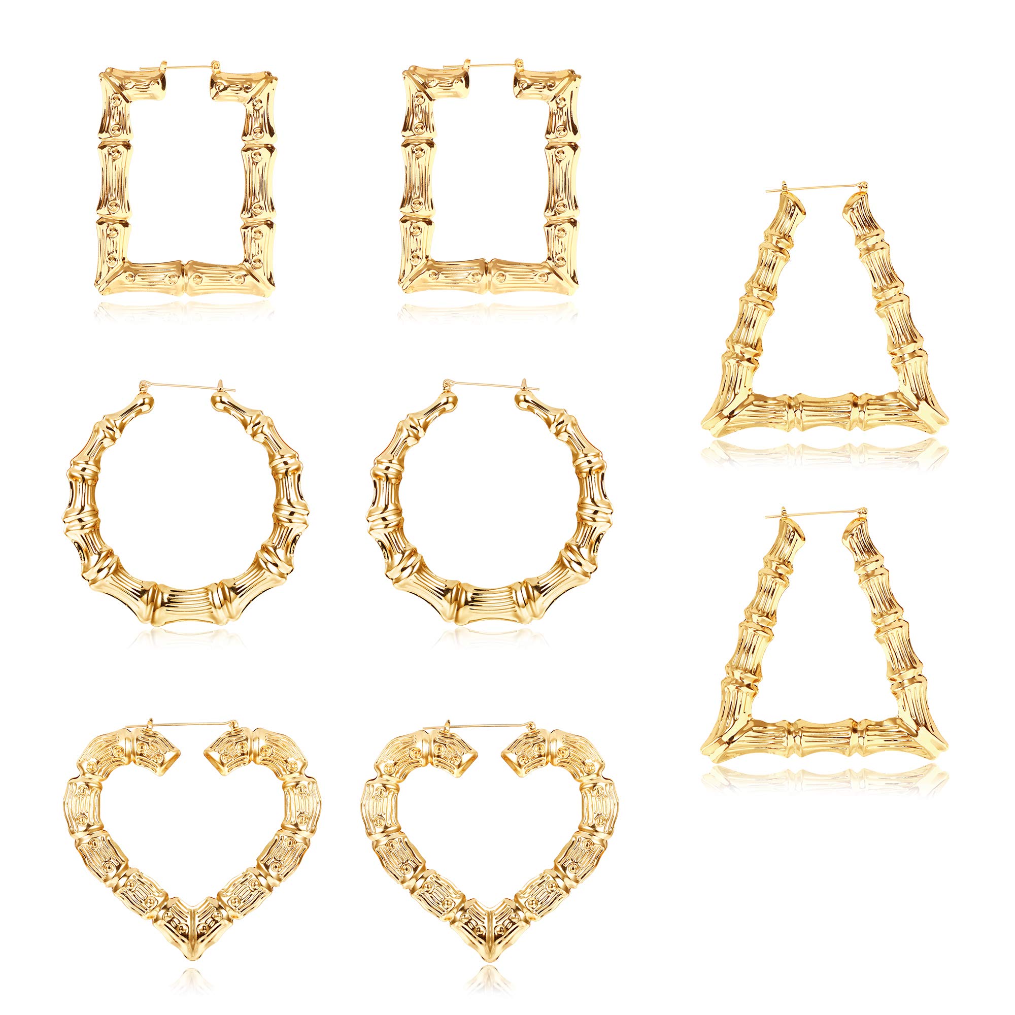 Udalyn 4 Pairs Bamboo Hoop Earrings for Women Large Heart Square Geometric Earrings Oversized Gold Bamboo Hoop Earrings Set Hip-Pop Jewelry Fashion Party Costume Accessory